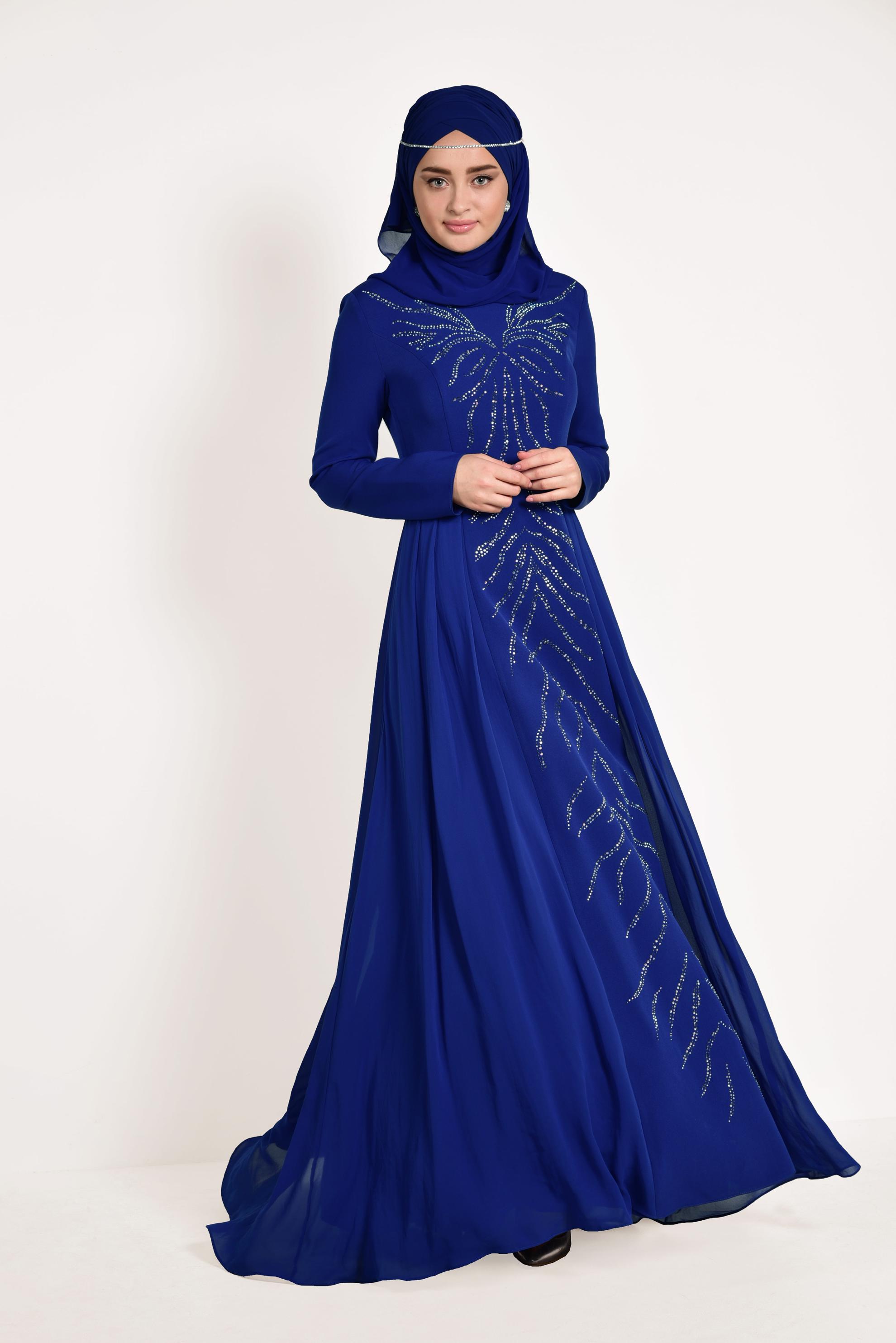 Tesettür giyim LACİVERT TAŞ DETAYLI ABİYE ELBİSE 5476