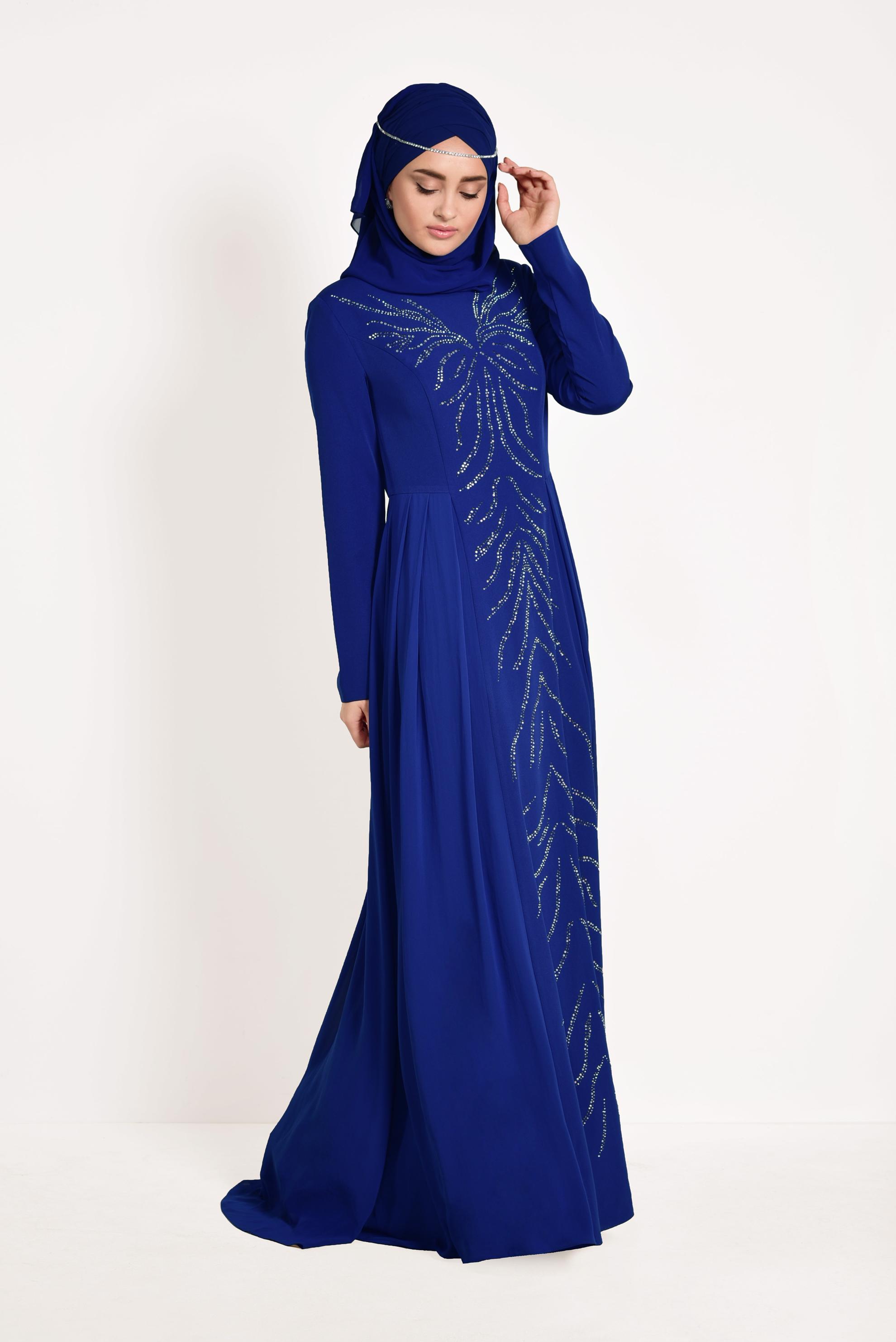Tesettür giyim LACİVERT TAŞ DETAYLI ABİYE ELBİSE 5476