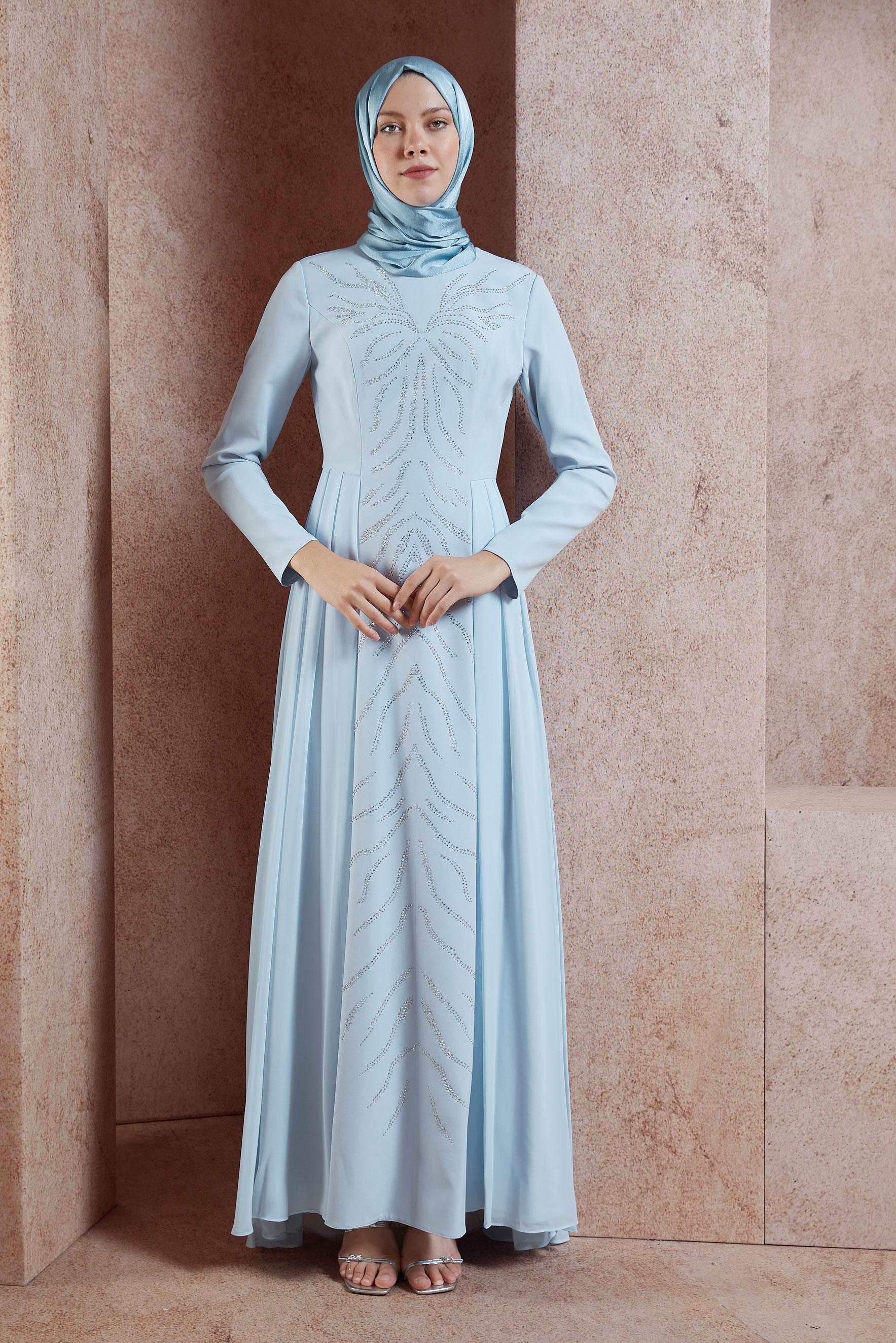 Tesettür giyim MAVİ TAŞ DETAYLI ABİYE ELBİSE 5476