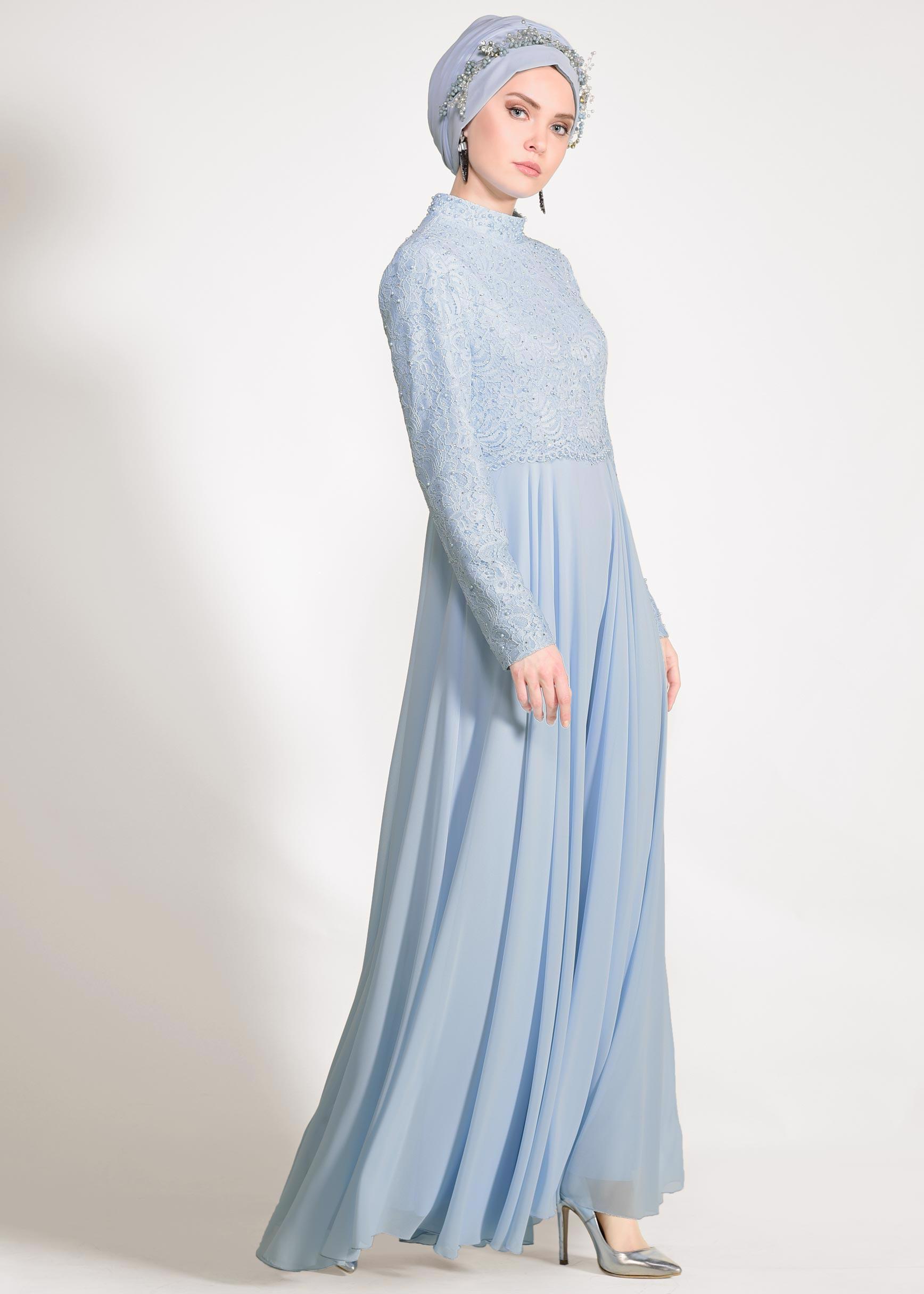 Tesettür giyim MAVİ İNCİ DETAYLI DANTEL ABİYE ELBİSE 5478 