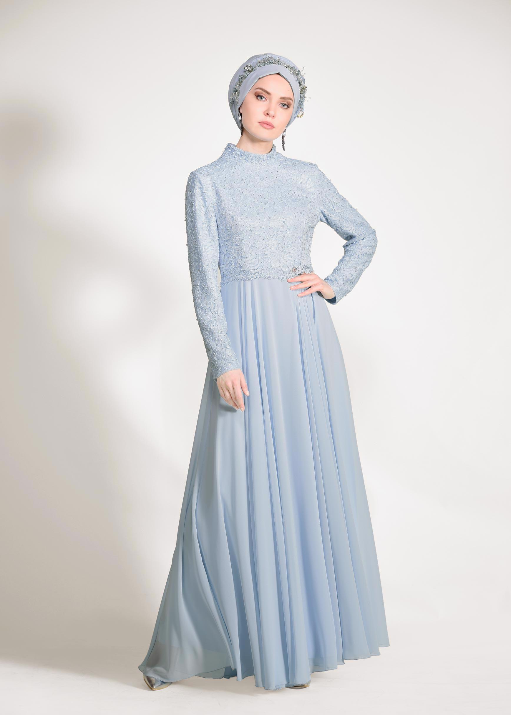 Tesettür giyim MAVİ İNCİ DETAYLI DANTEL ABİYE ELBİSE 5478 