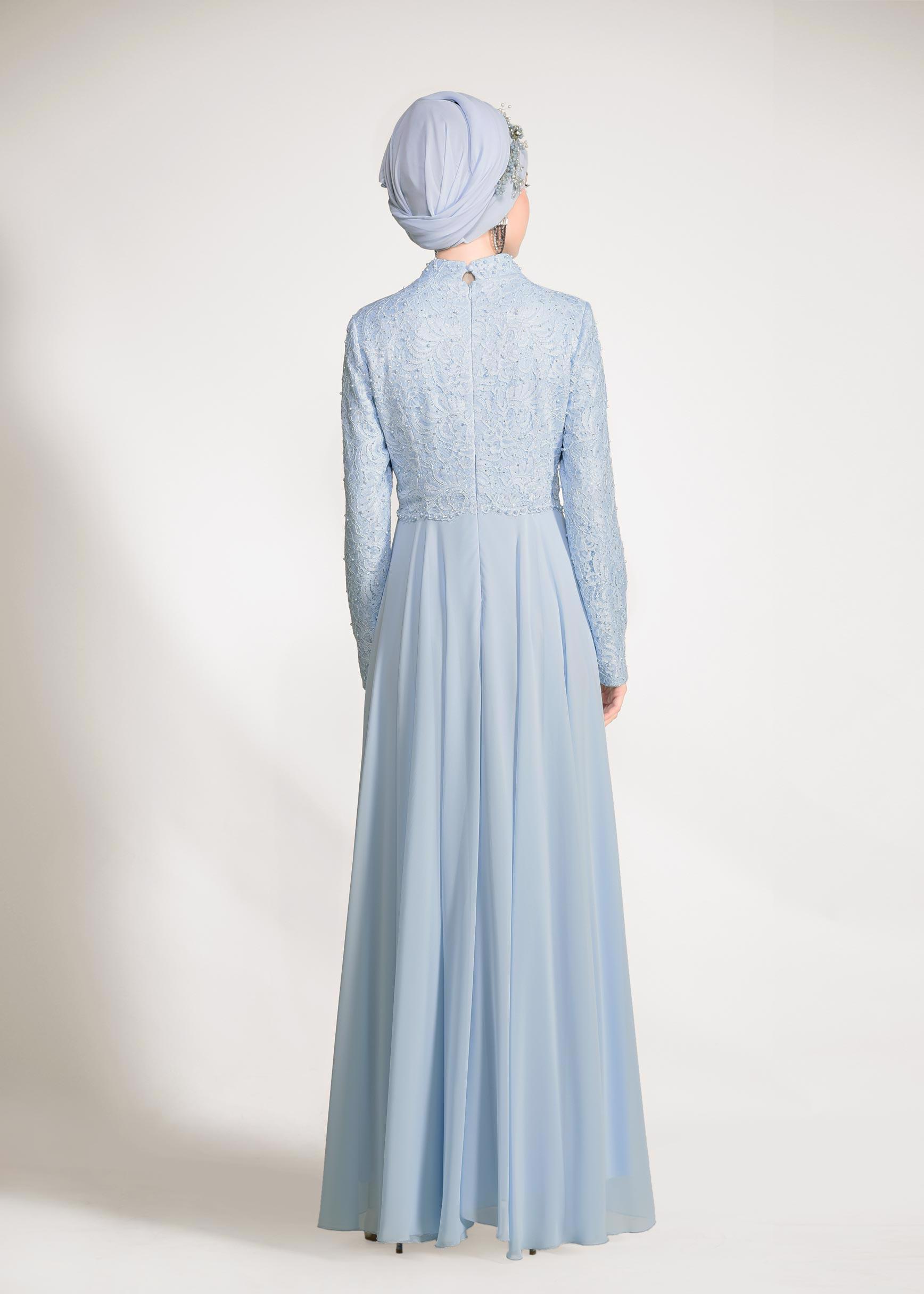 Tesettür giyim MAVİ İNCİ DETAYLI DANTEL ABİYE ELBİSE 5478 