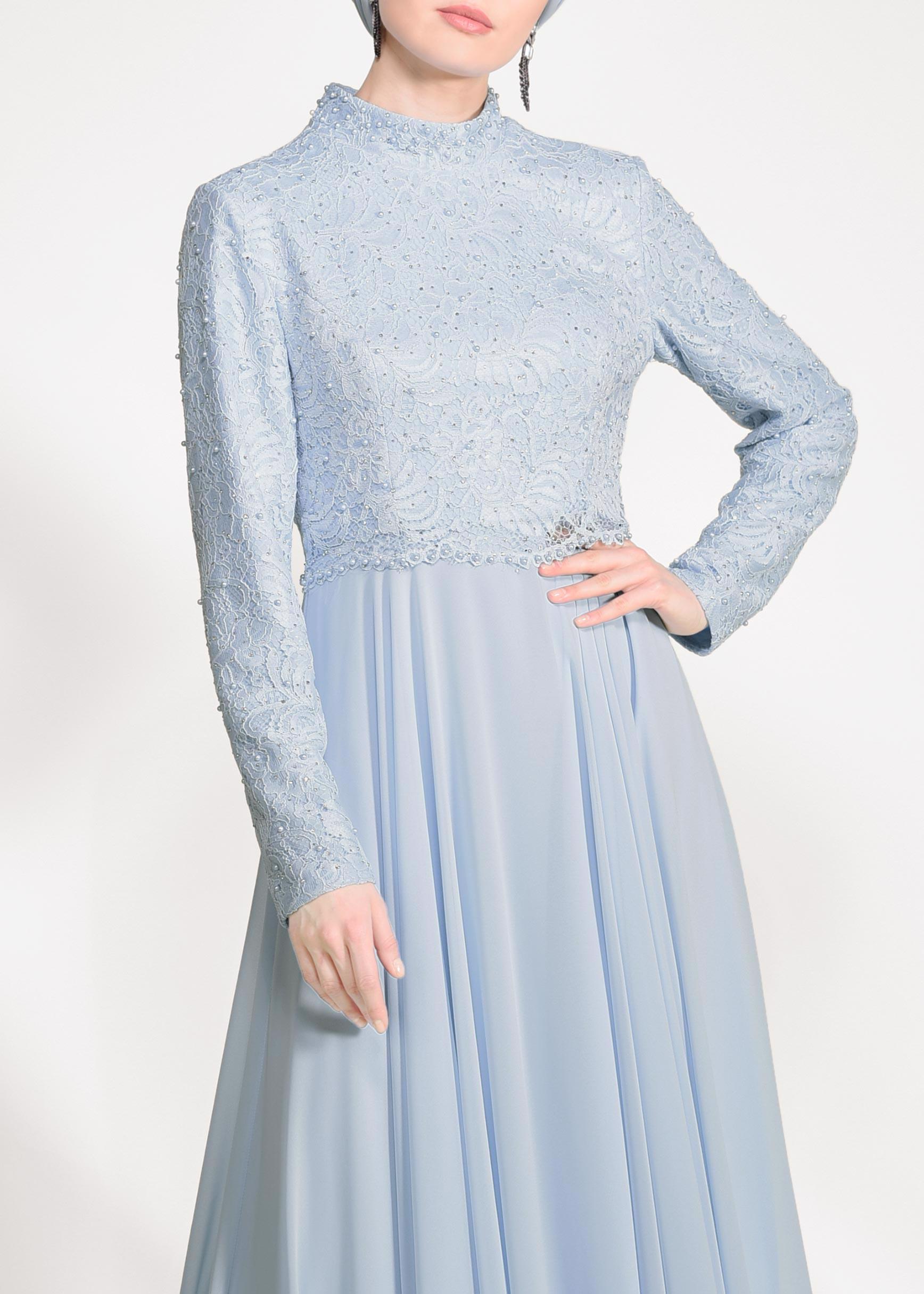 Tesettür giyim MAVİ İNCİ DETAYLI DANTEL ABİYE ELBİSE 5478 