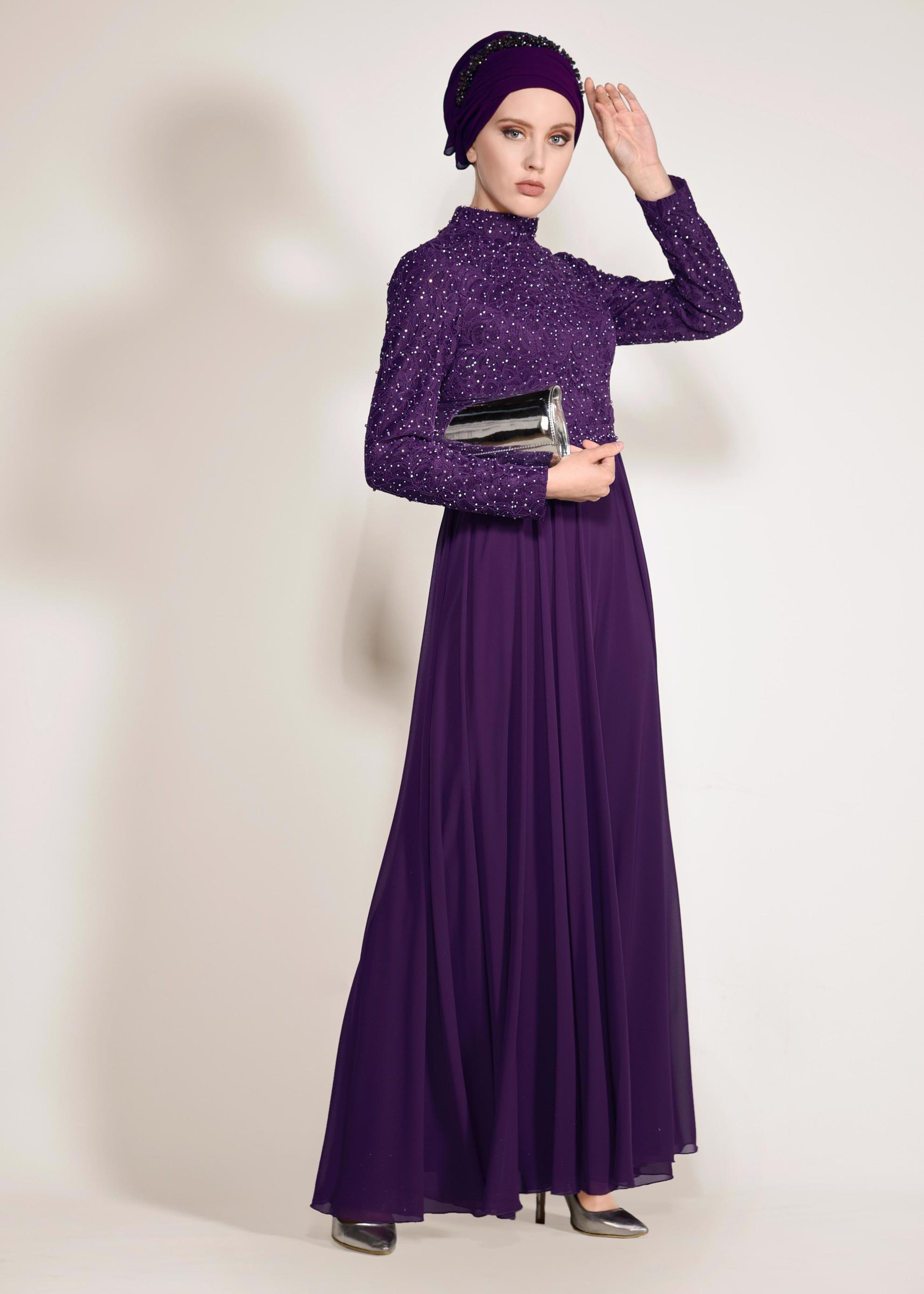 Tesettür giyim MOR İNCİ DETAYLI DANTEL ABİYE ELBİSE 5478 