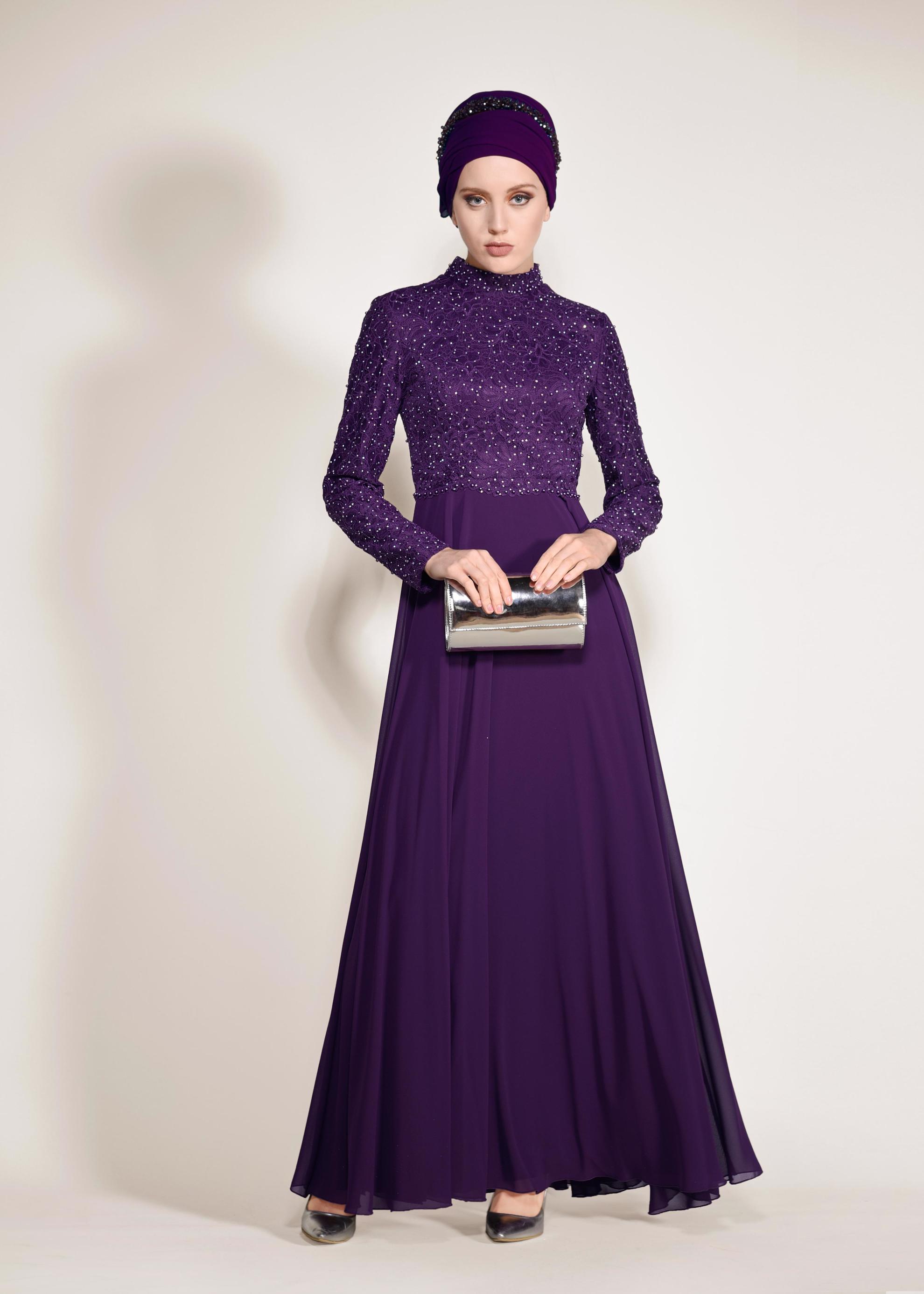 Tesettür giyim MOR İNCİ DETAYLI DANTEL ABİYE ELBİSE 5478 