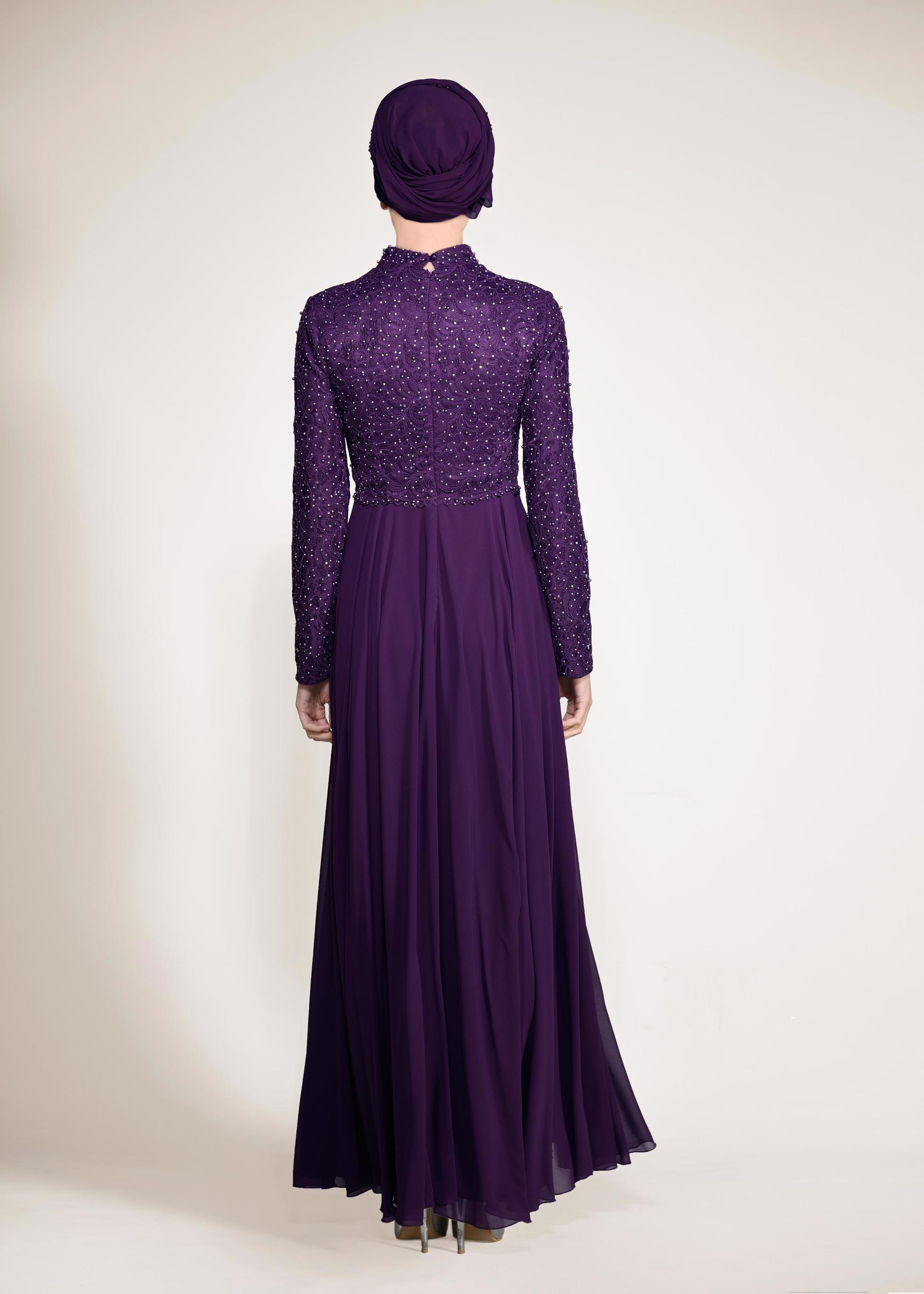 Tesettür giyim MOR İNCİ DETAYLI DANTEL ABİYE ELBİSE 5478 