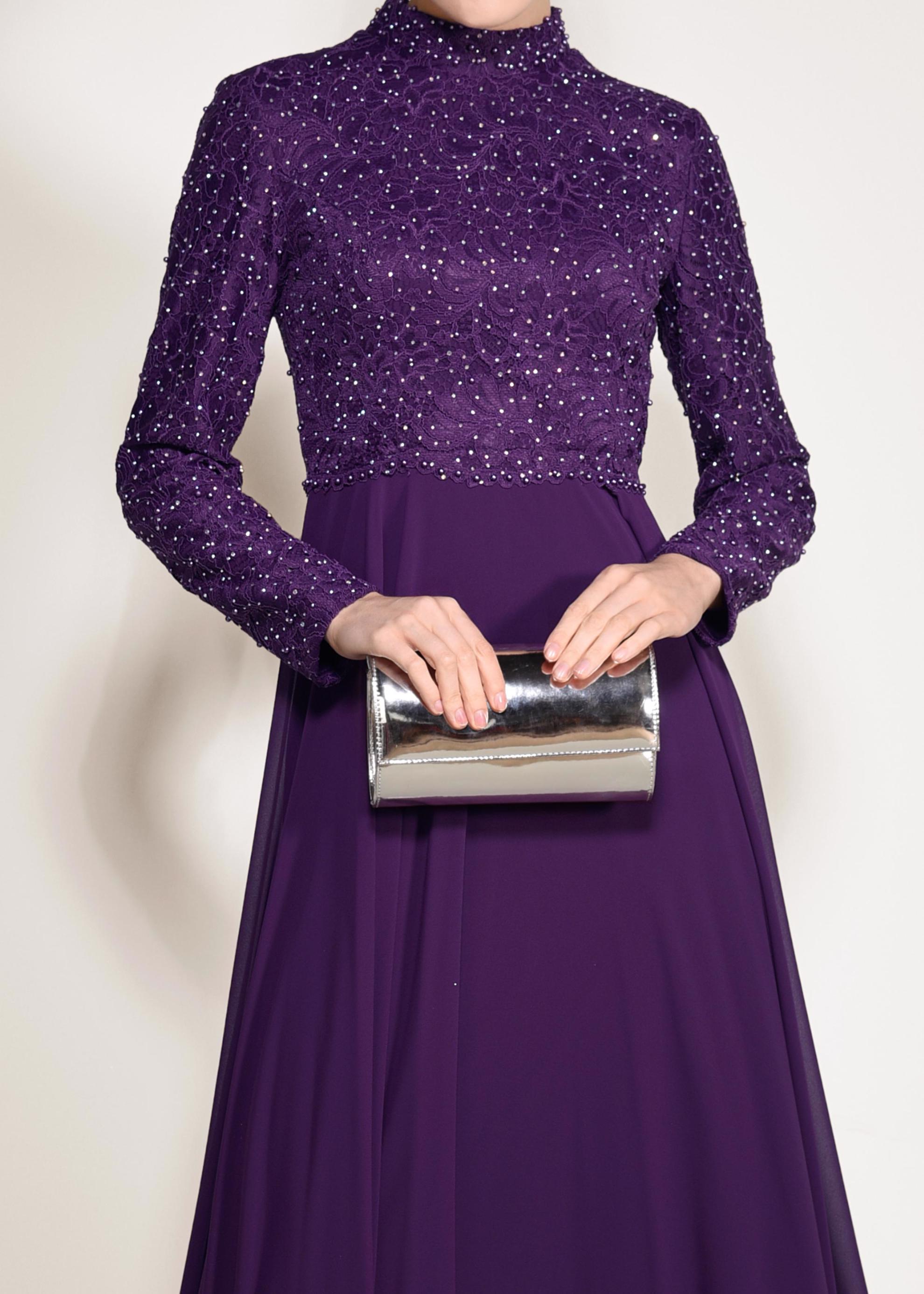 Tesettür giyim MOR İNCİ DETAYLI DANTEL ABİYE ELBİSE 5478 