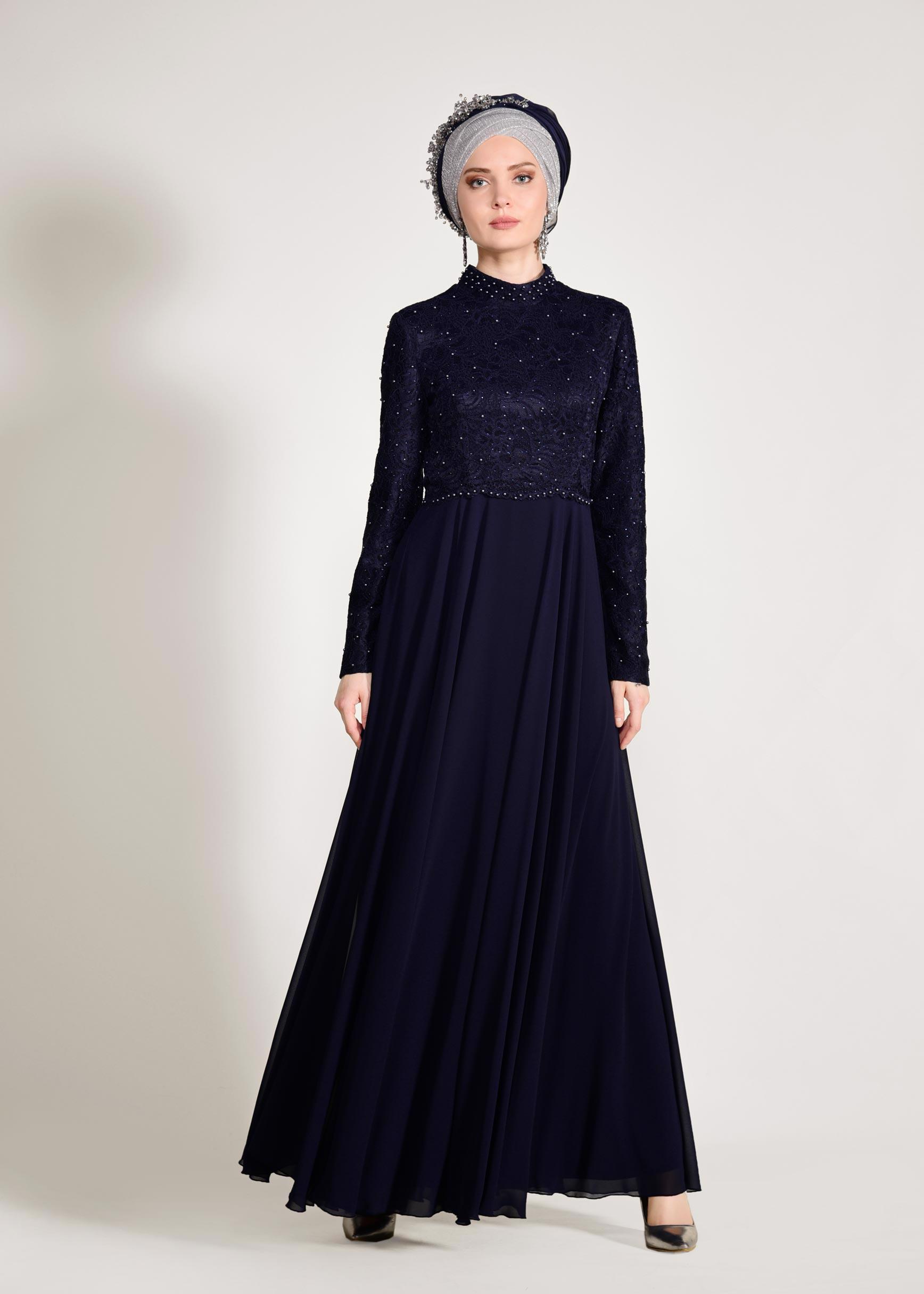 Tesettür giyim LACİVERT İNCİ DETAYLI DANTEL ABİYE ELBİSE 5478 