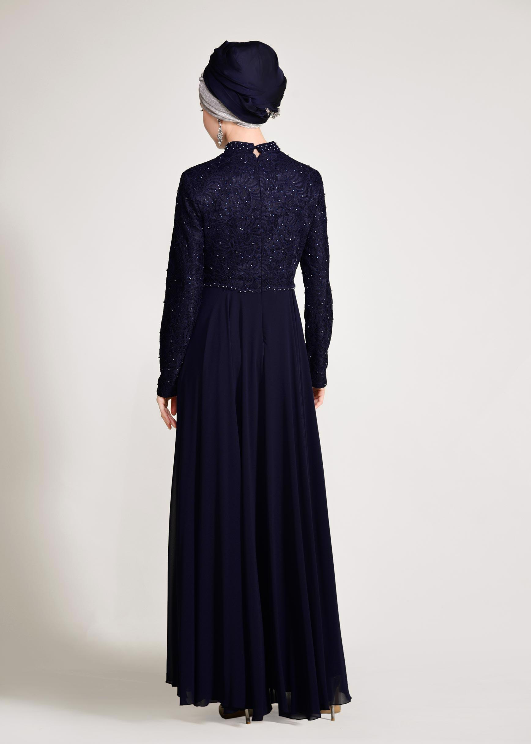 Tesettür giyim LACİVERT İNCİ DETAYLI DANTEL ABİYE ELBİSE 5478 