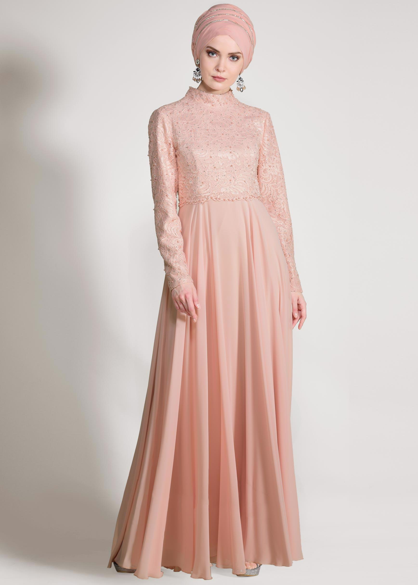 Tesettür giyim PUDRA İNCİ DETAYLI DANTEL ABİYE ELBİSE 5478 