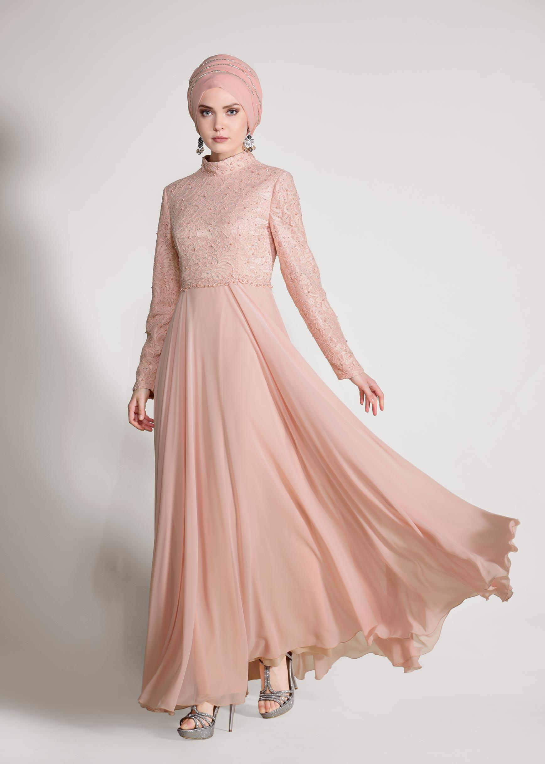 Tesettür giyim PUDRA İNCİ DETAYLI DANTEL ABİYE ELBİSE 5478 