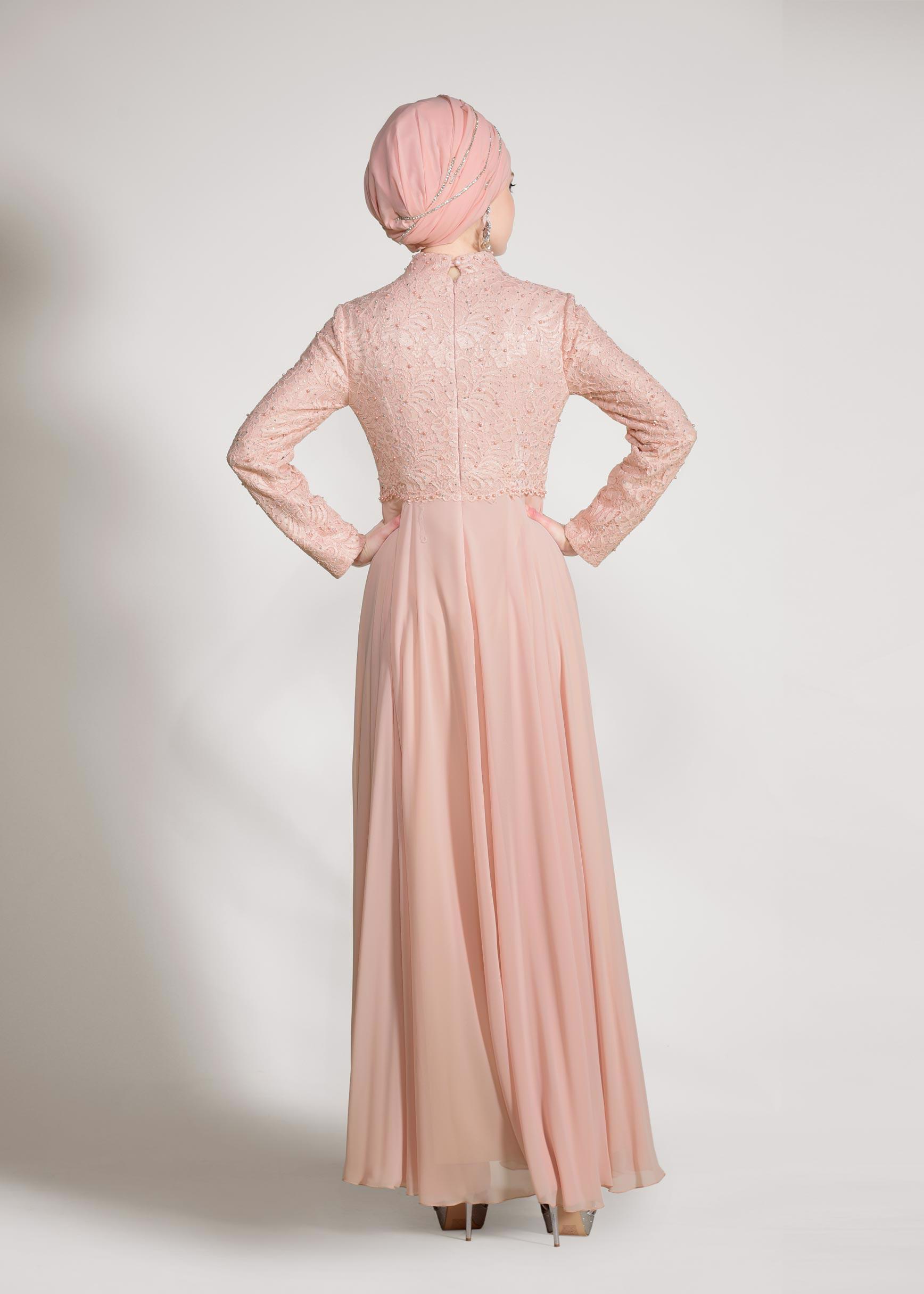 Tesettür giyim PUDRA İNCİ DETAYLI DANTEL ABİYE ELBİSE 5478 