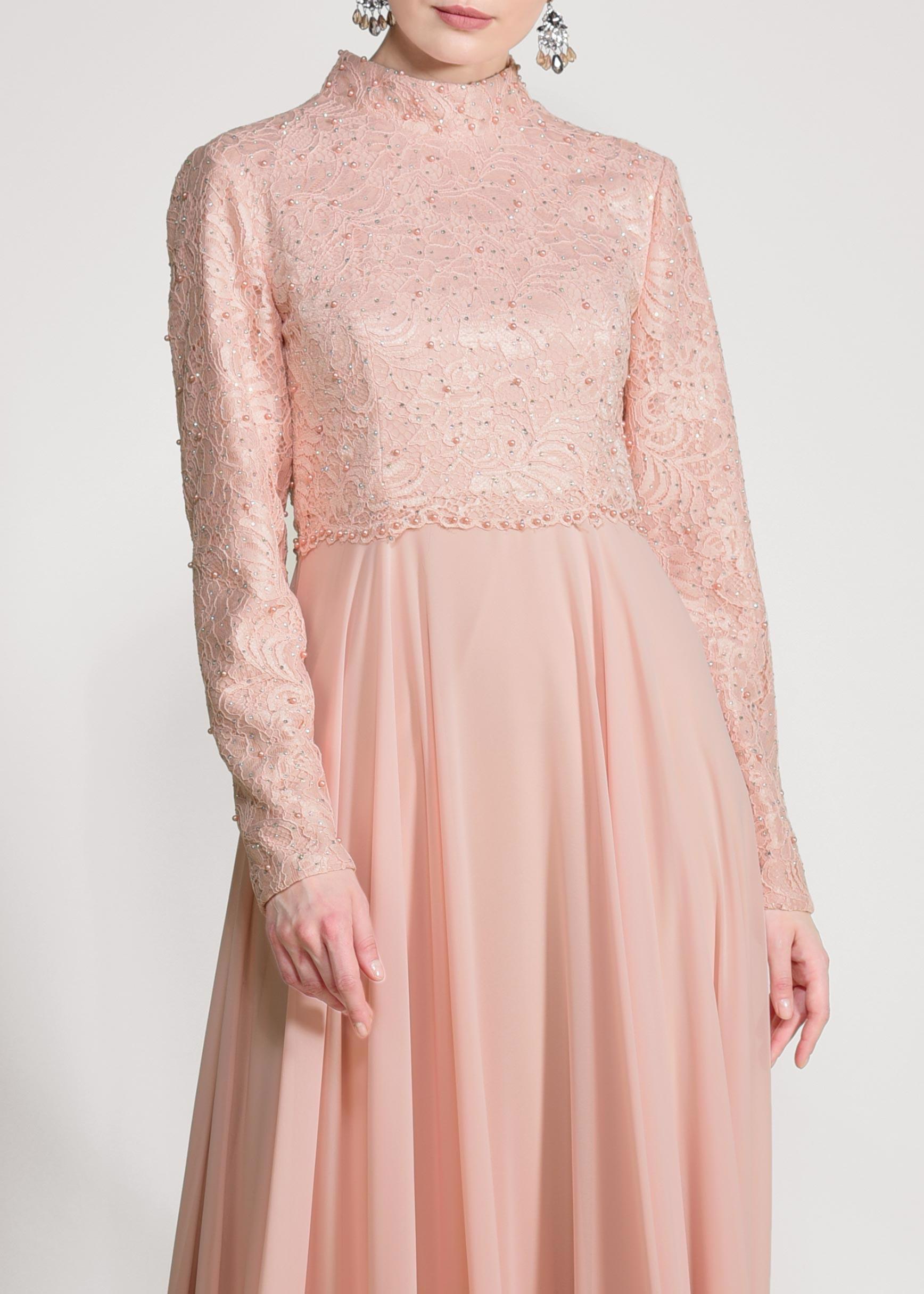 Tesettür giyim PUDRA İNCİ DETAYLI DANTEL ABİYE ELBİSE 5478 