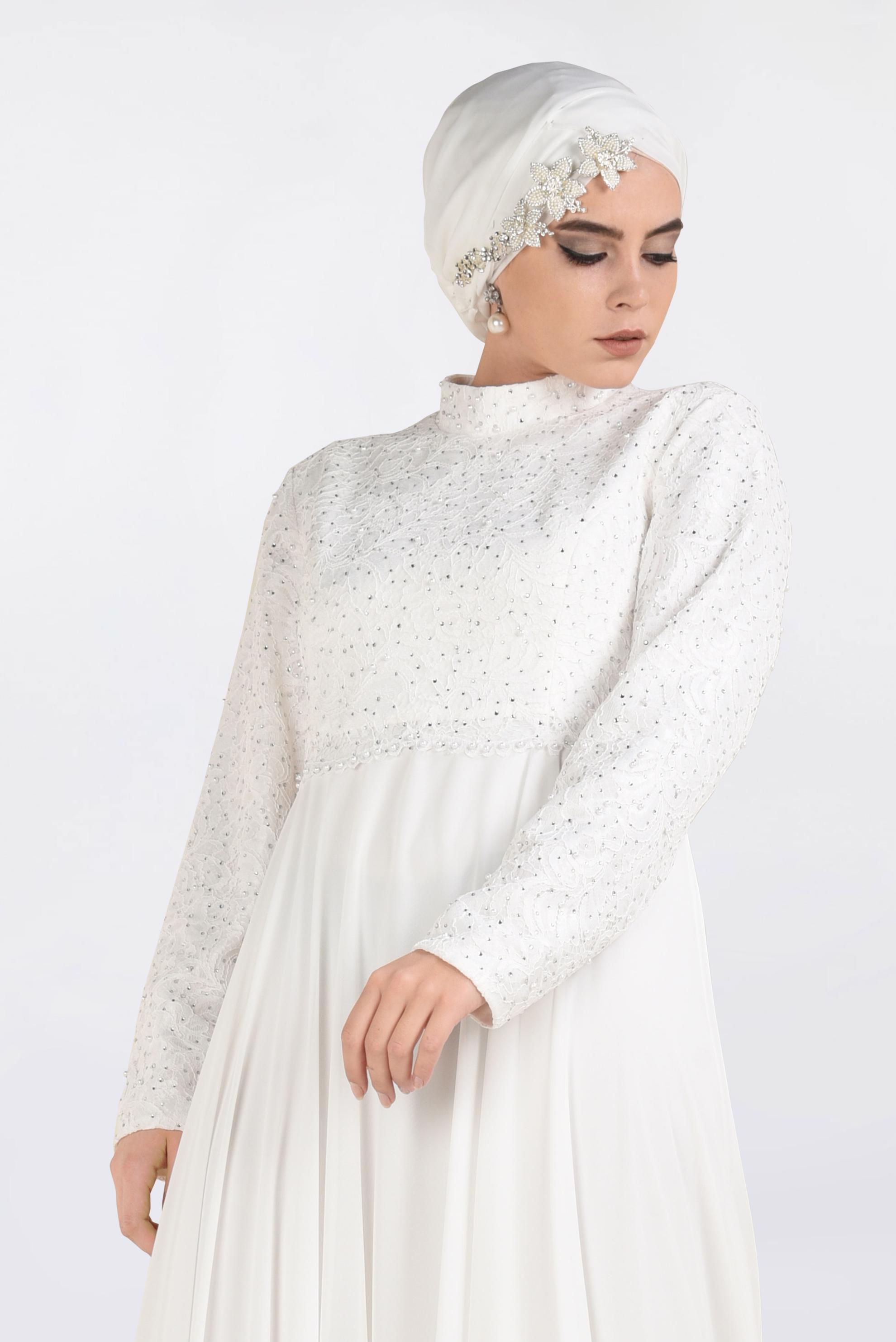 Tesettür giyim BEYAZ DANTEL İŞLEMELİ ABİYE ELBİSE 5479 