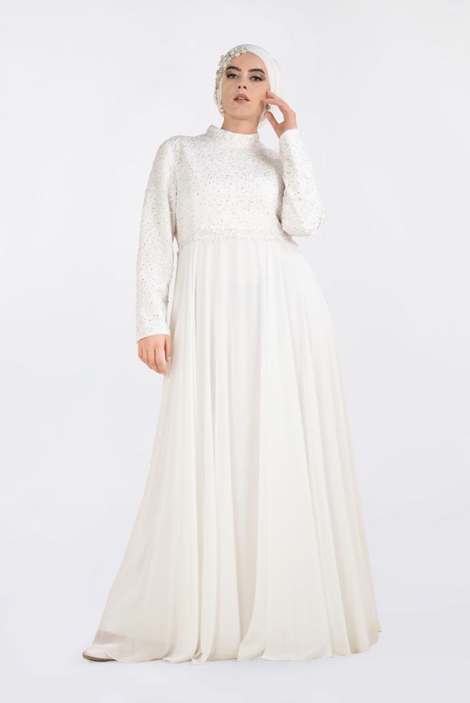 Tesettür giyim BEYAZ DANTEL İŞLEMELİ ABİYE ELBİSE 5479  - ALVİNA