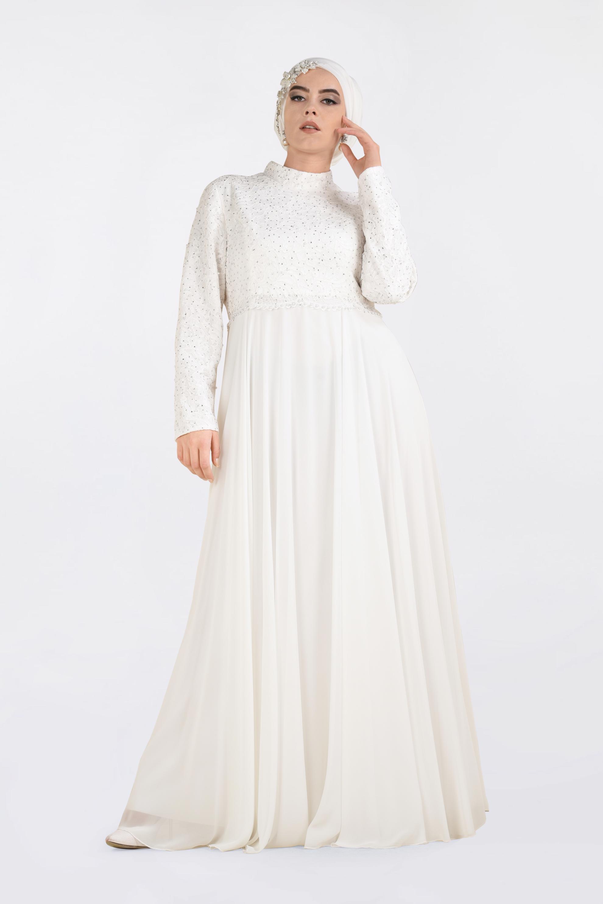 Tesettür giyim BEYAZ DANTEL İŞLEMELİ ABİYE ELBİSE 5479 