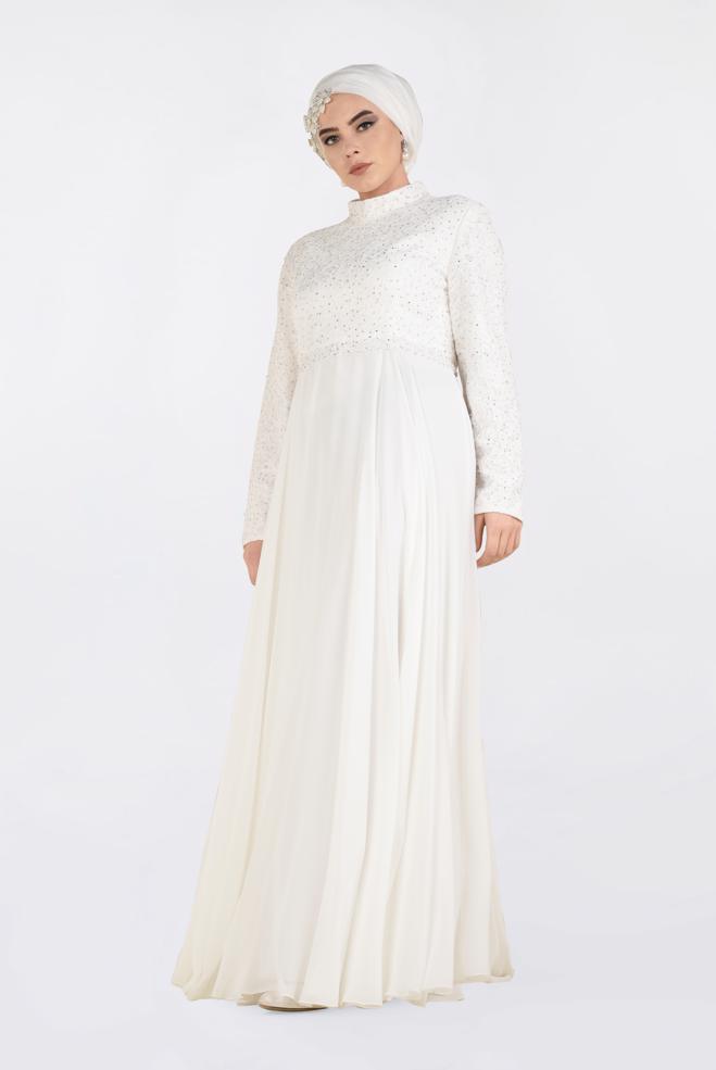 Tesettür giyim BEYAZ DANTEL İŞLEMELİ ABİYE ELBİSE 5479  - ALVİNA