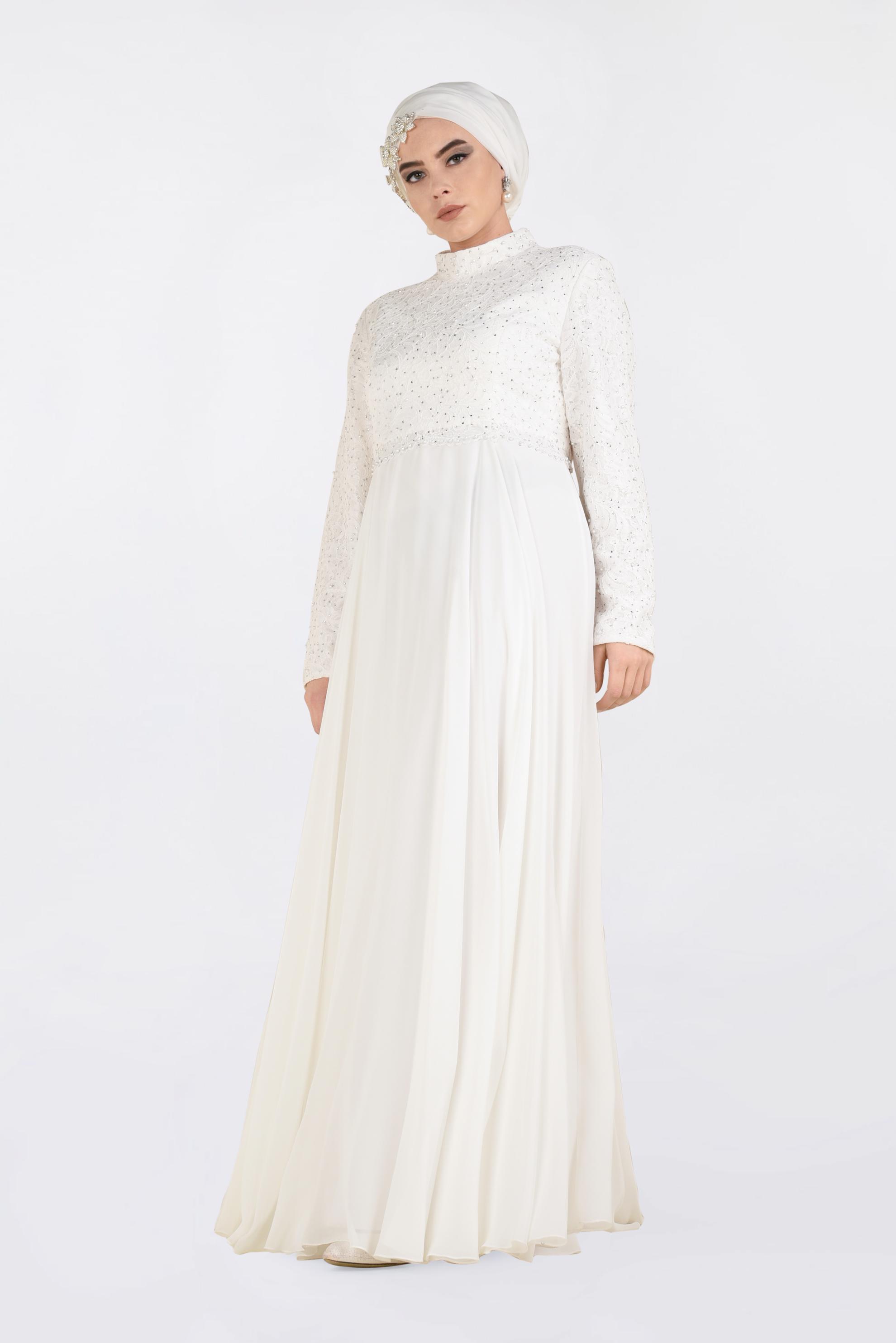 Tesettür giyim BEYAZ DANTEL İŞLEMELİ ABİYE ELBİSE 5479 