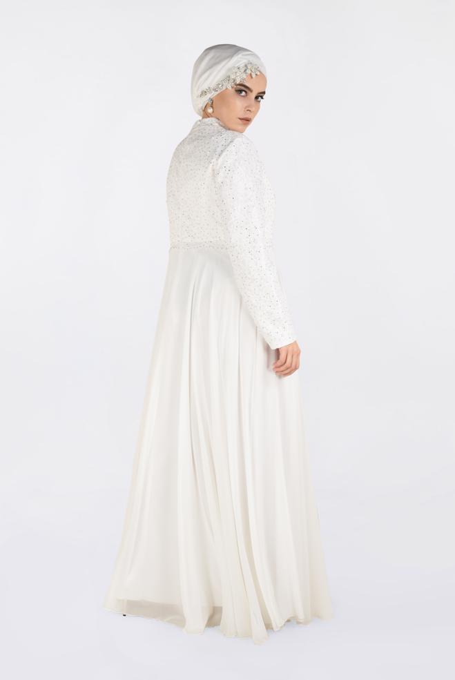 Tesettür giyim BEYAZ DANTEL İŞLEMELİ ABİYE ELBİSE 5479  - ALVİNA