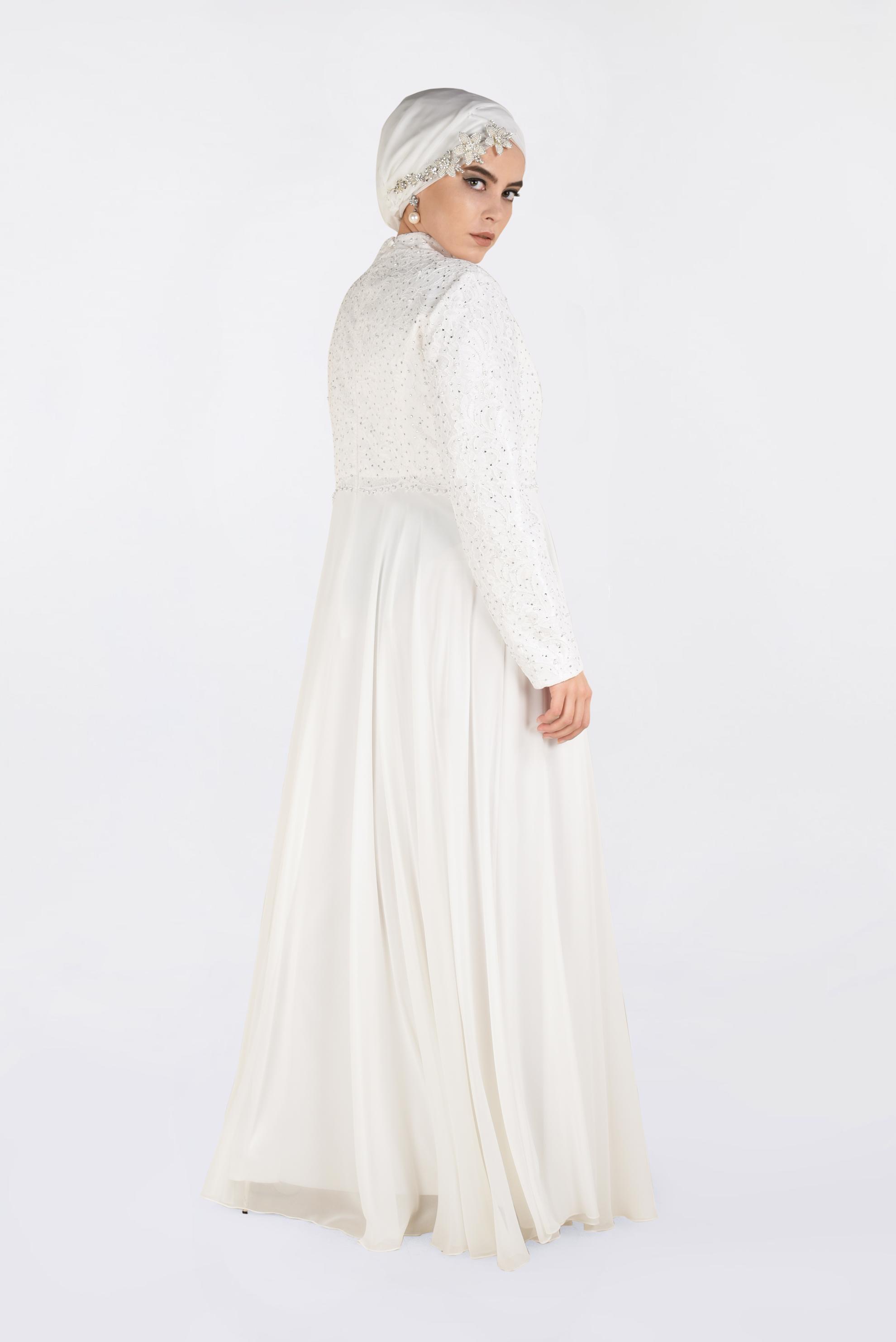 Tesettür giyim BEYAZ DANTEL İŞLEMELİ ABİYE ELBİSE 5479 