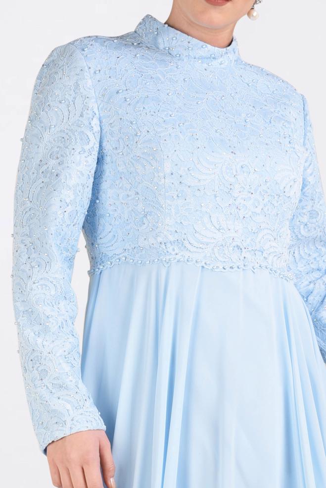 Tesettür giyim MAVİ DANTEL İŞLEMELİ ABİYE ELBİSE 5479  - ALVİNA