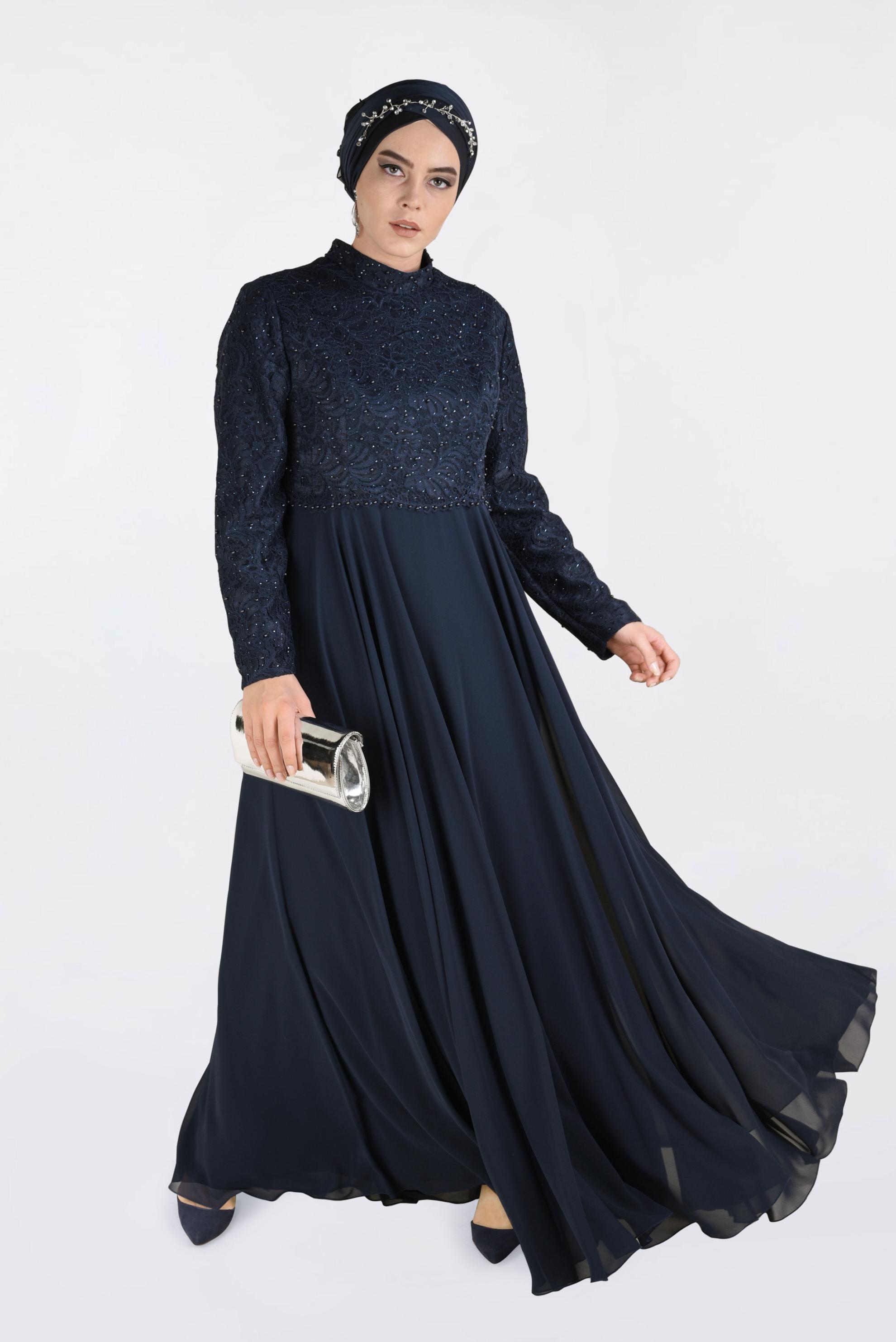 Tesettür giyim LACİVERT DANTEL İŞLEMELİ ABİYE ELBİSE 5479 