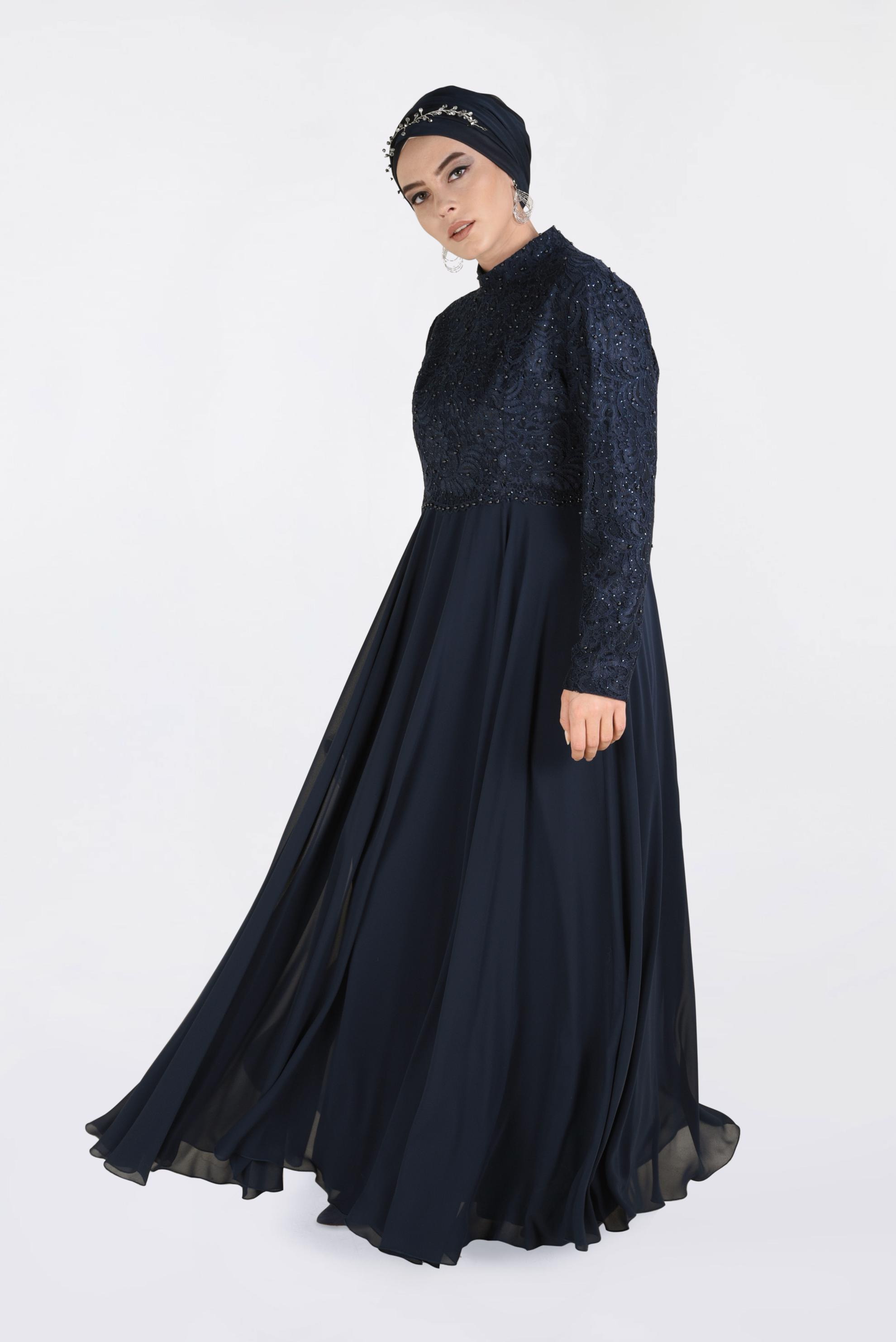 Tesettür giyim LACİVERT DANTEL İŞLEMELİ ABİYE ELBİSE 5479 