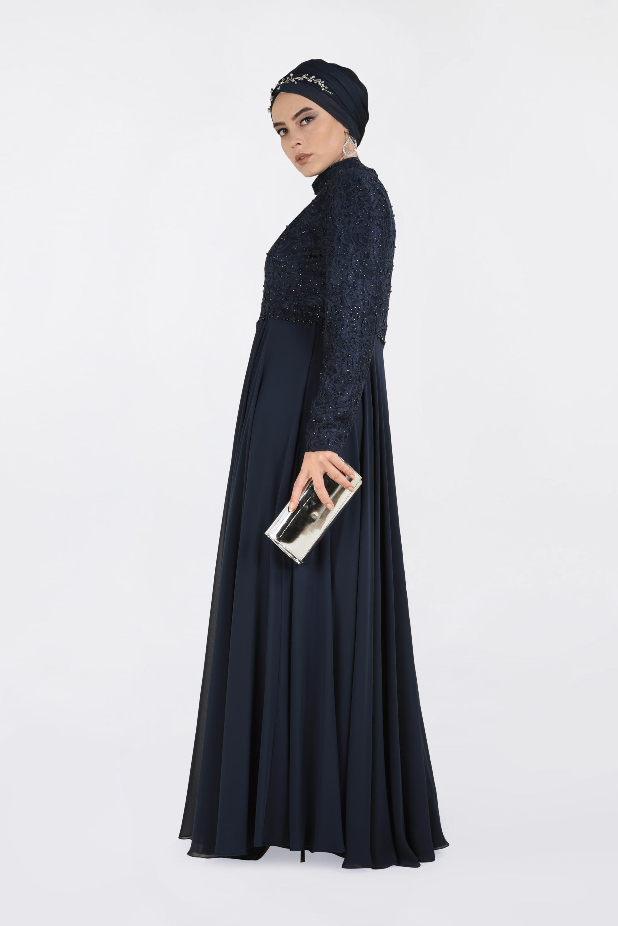 Tesettür giyim LACİVERT DANTEL İŞLEMELİ ABİYE ELBİSE 5479 
