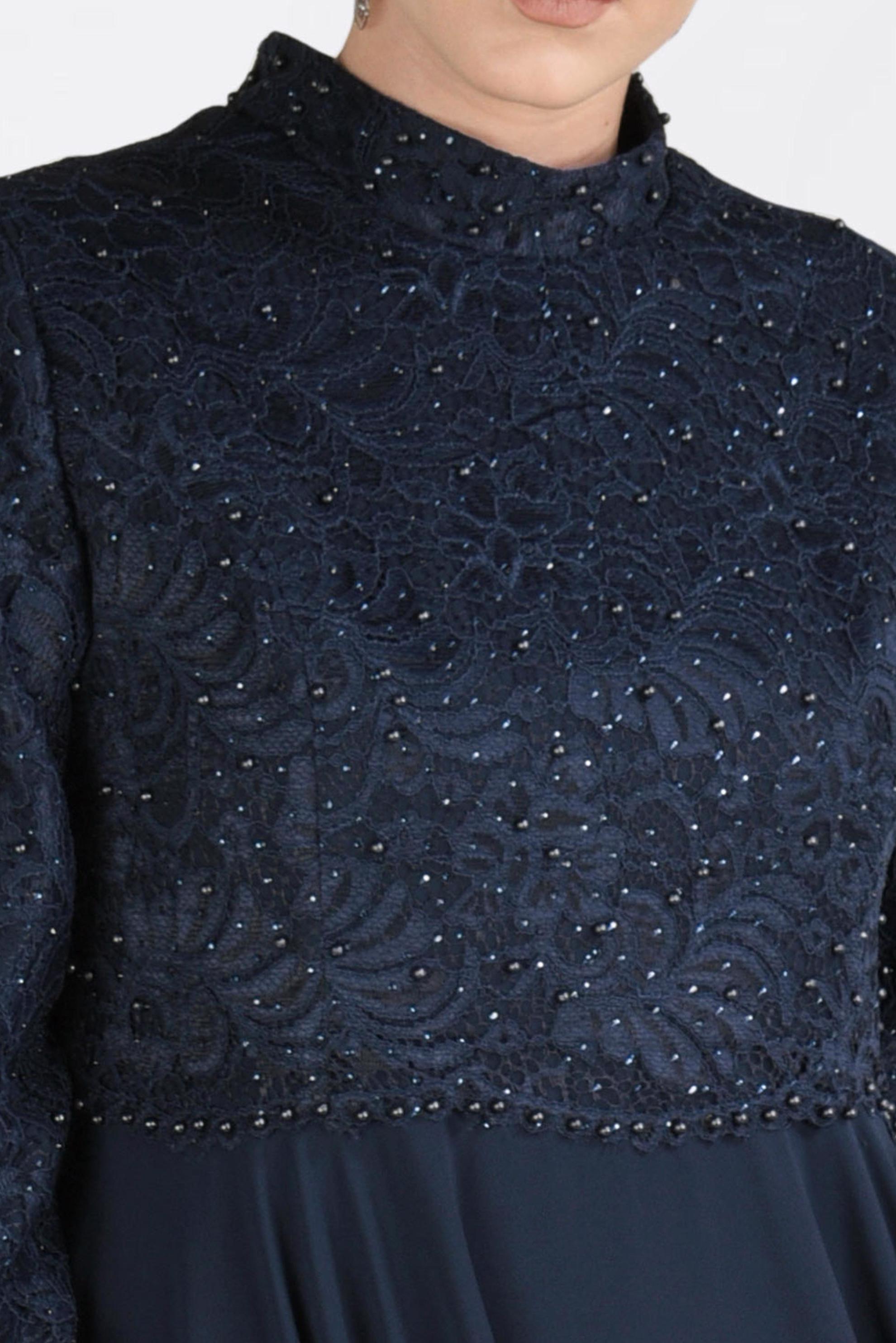 Tesettür giyim LACİVERT DANTEL İŞLEMELİ ABİYE ELBİSE 5479 