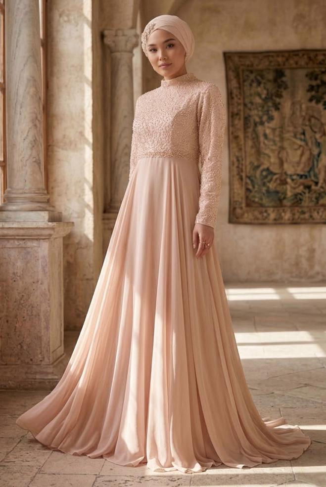 Vêtements hijab POUDRE ROBE DE SOIRÉE BRODÉE EN DENTELLE 5479 - ALVİNA