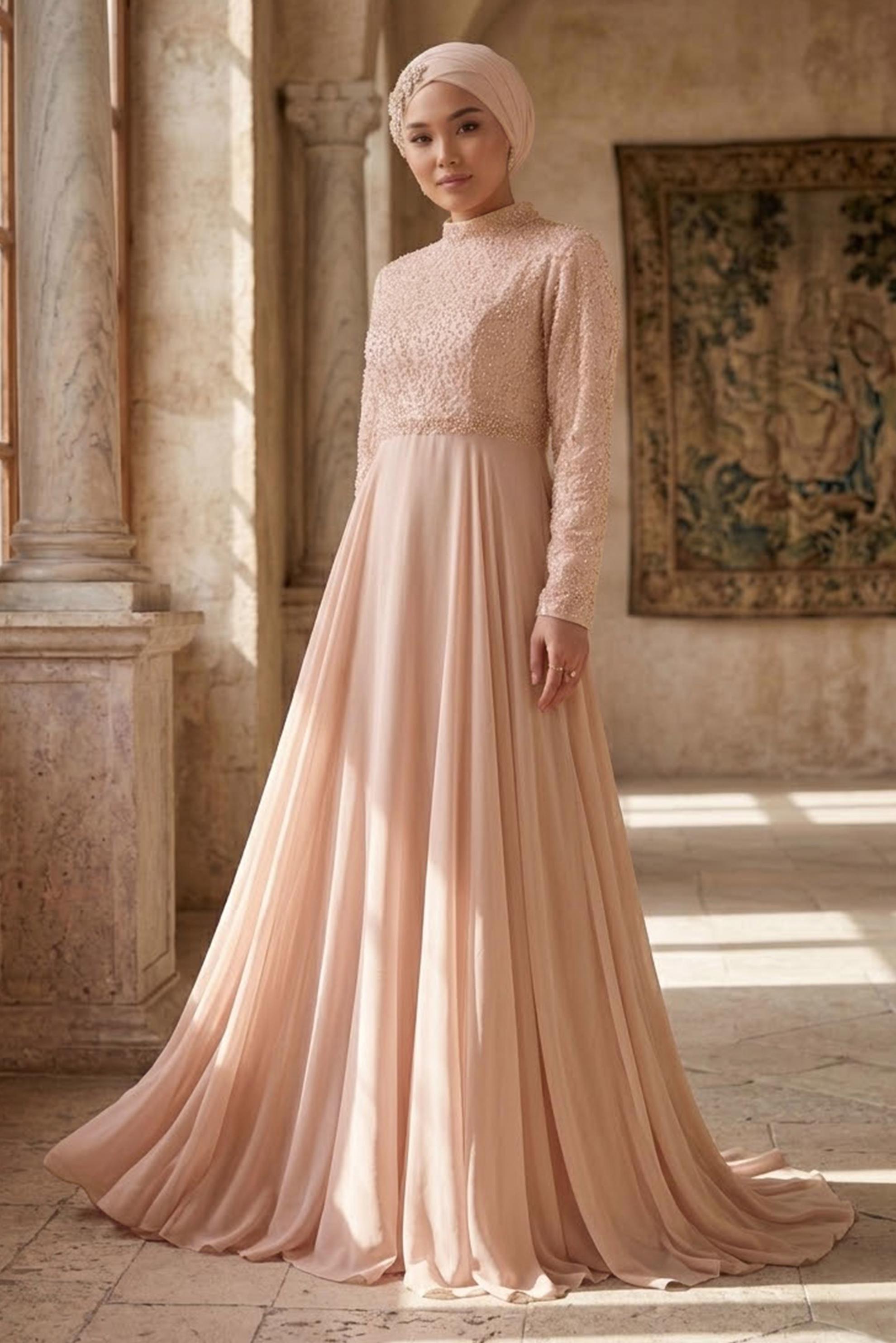 Vêtements hijab POUDRE ROBE DE SOIRÉE BRODÉE EN DENTELLE 5479