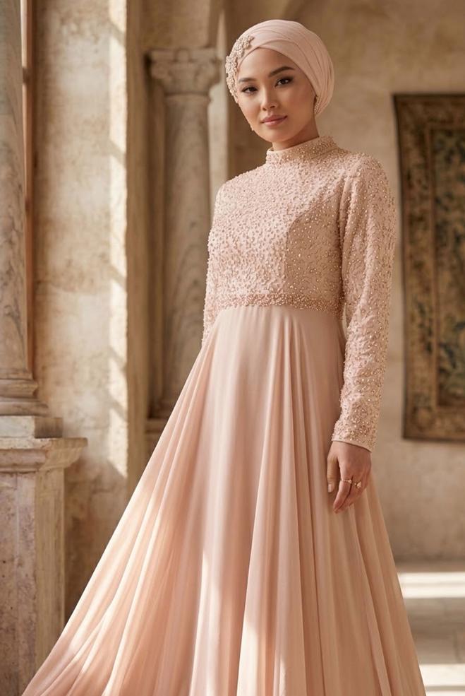 Vêtements hijab POUDRE ROBE DE SOIRÉE BRODÉE EN DENTELLE 5479 - ALVİNA