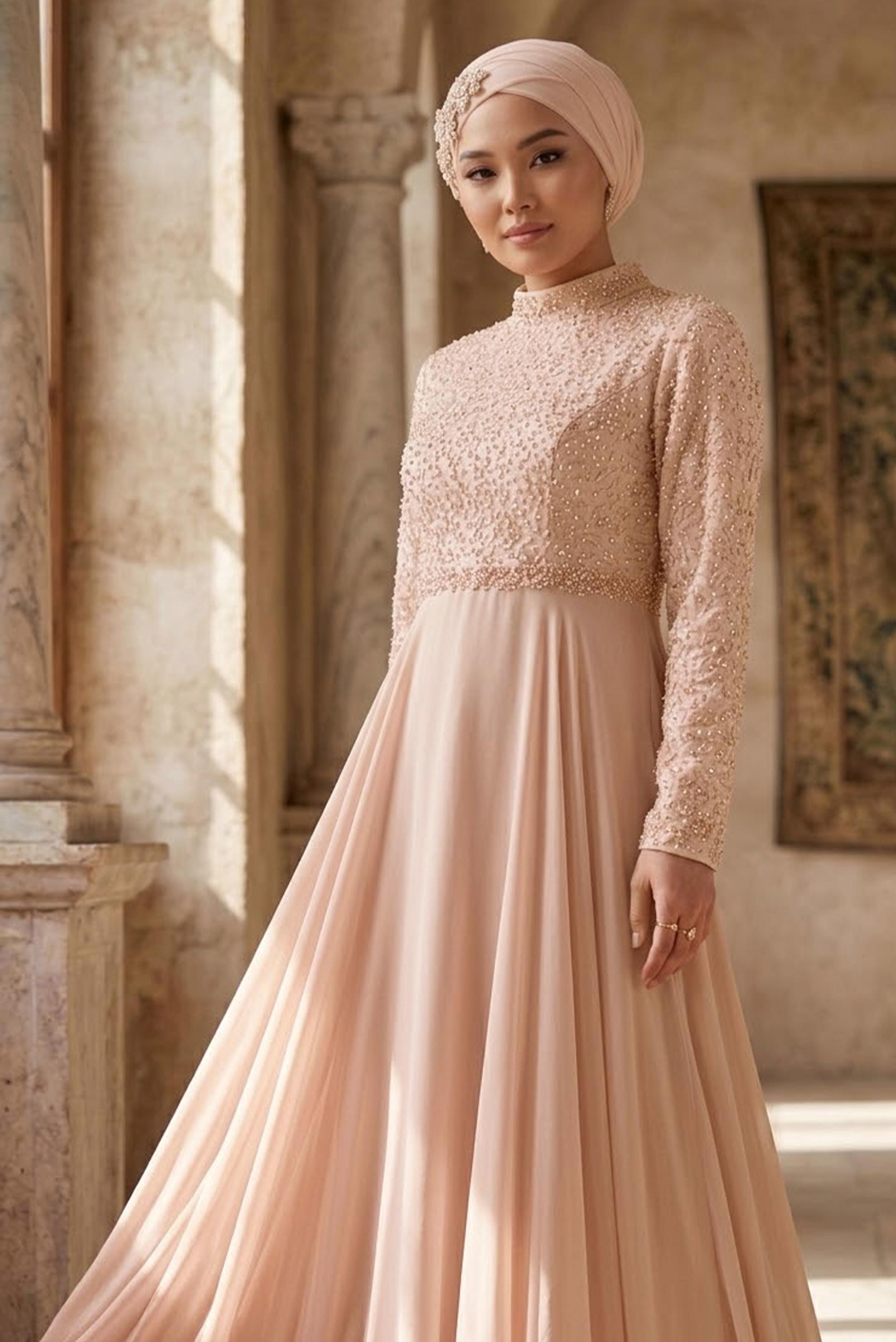 Vêtements hijab POUDRE ROBE DE SOIRÉE BRODÉE EN DENTELLE 5479