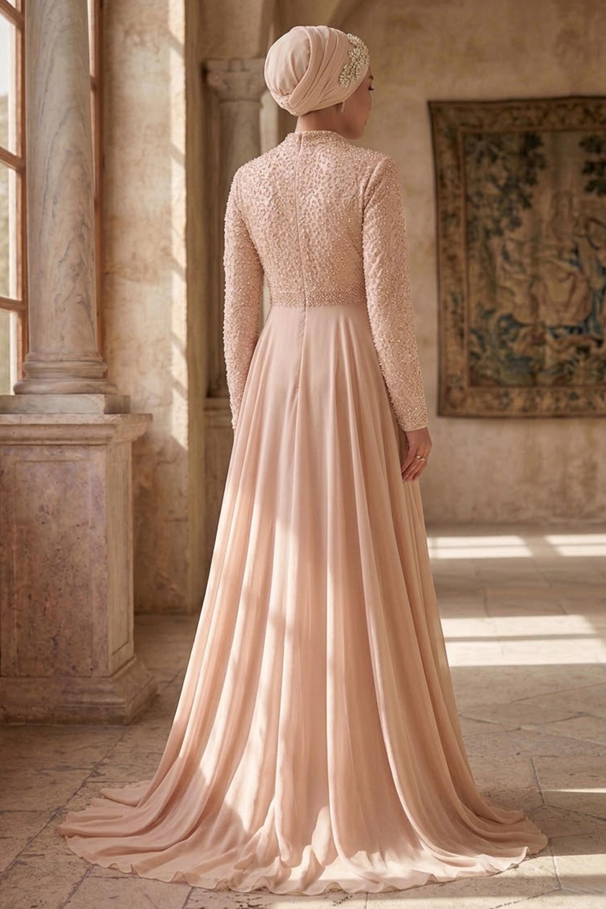 Vêtements hijab POUDRE ROBE DE SOIRÉE BRODÉE EN DENTELLE 5479