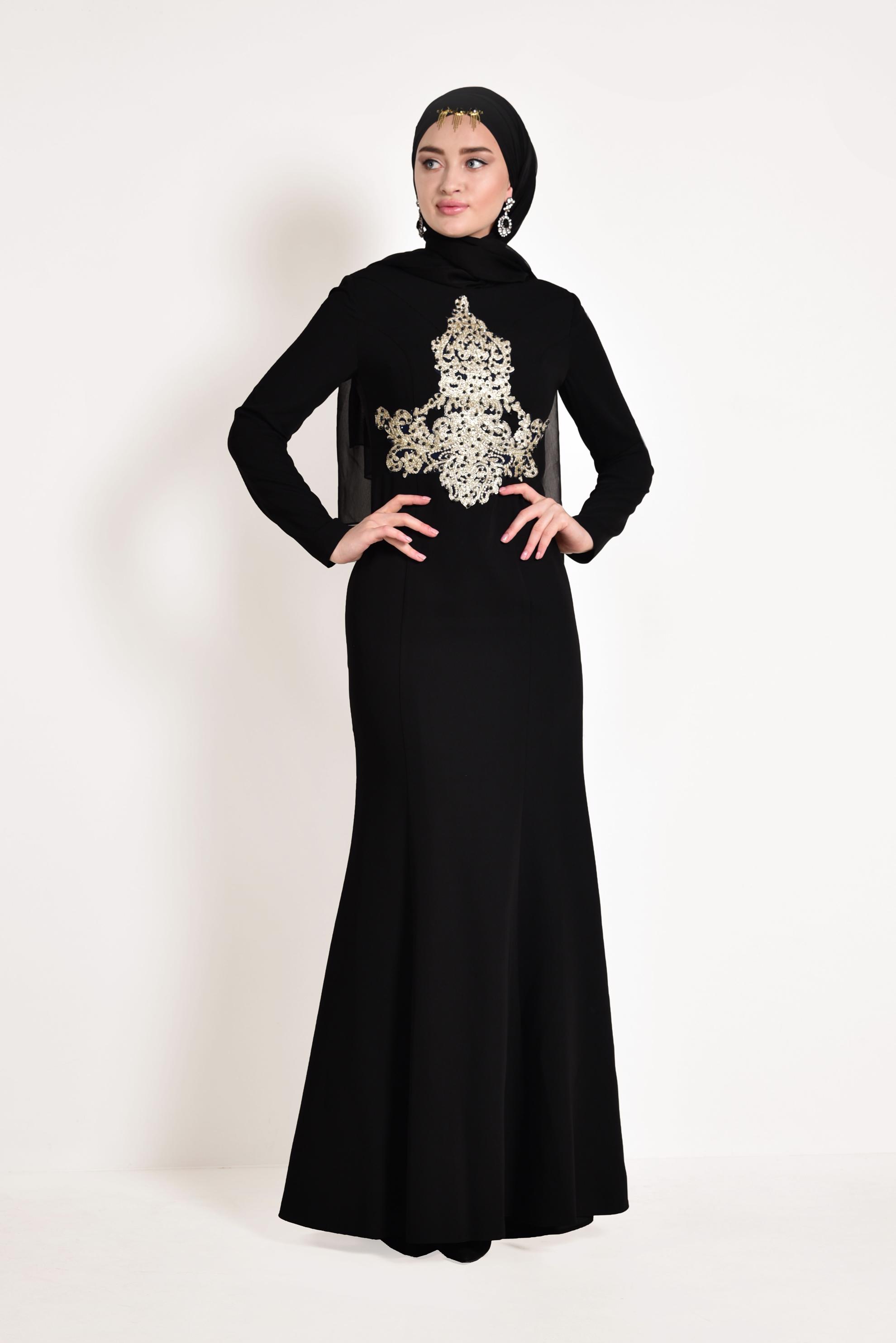 Tesettür giyim SİYAH TAŞ İŞLEMELİ ABİYE ELBİSE 5484