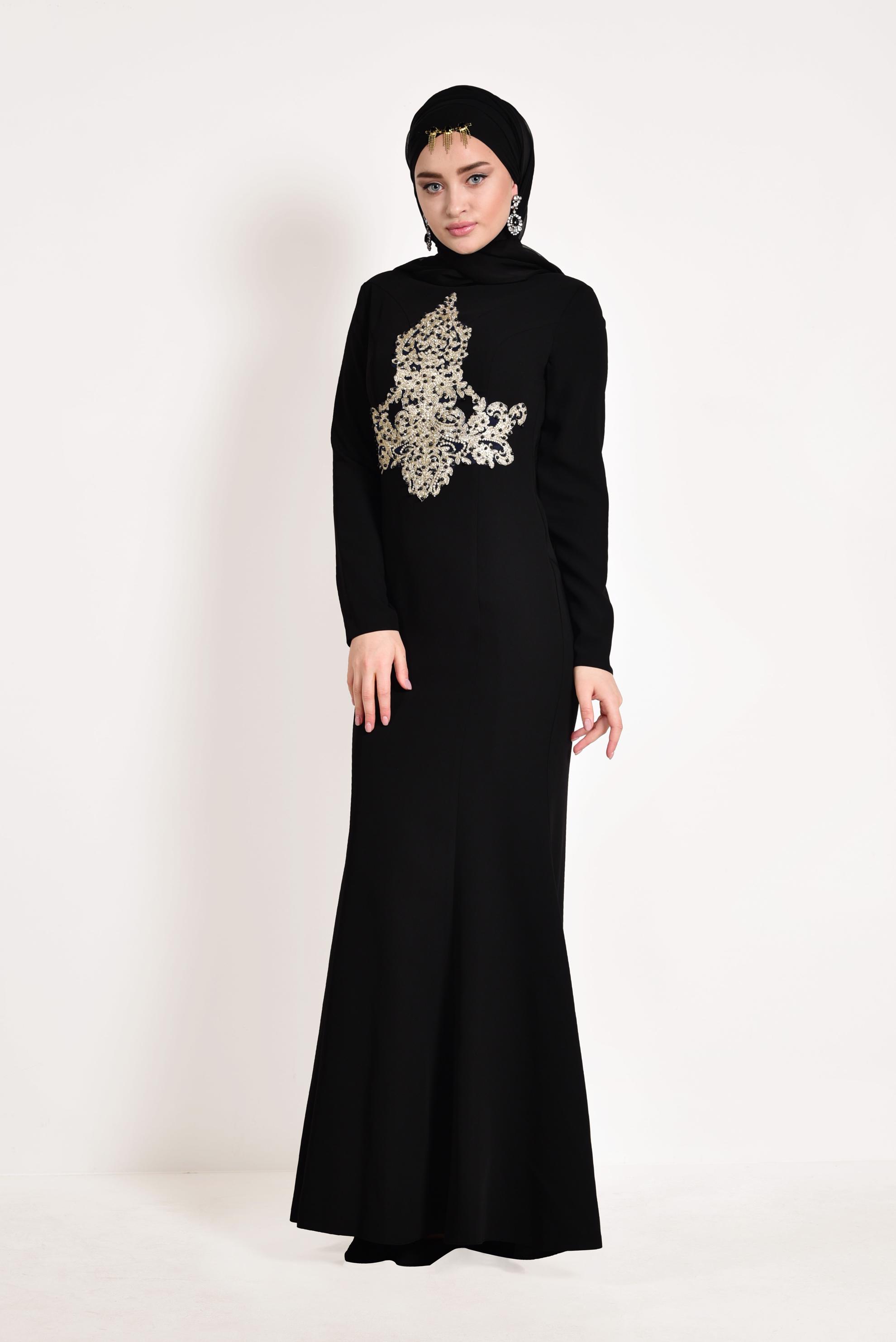 Tesettür giyim SİYAH TAŞ İŞLEMELİ ABİYE ELBİSE 5484