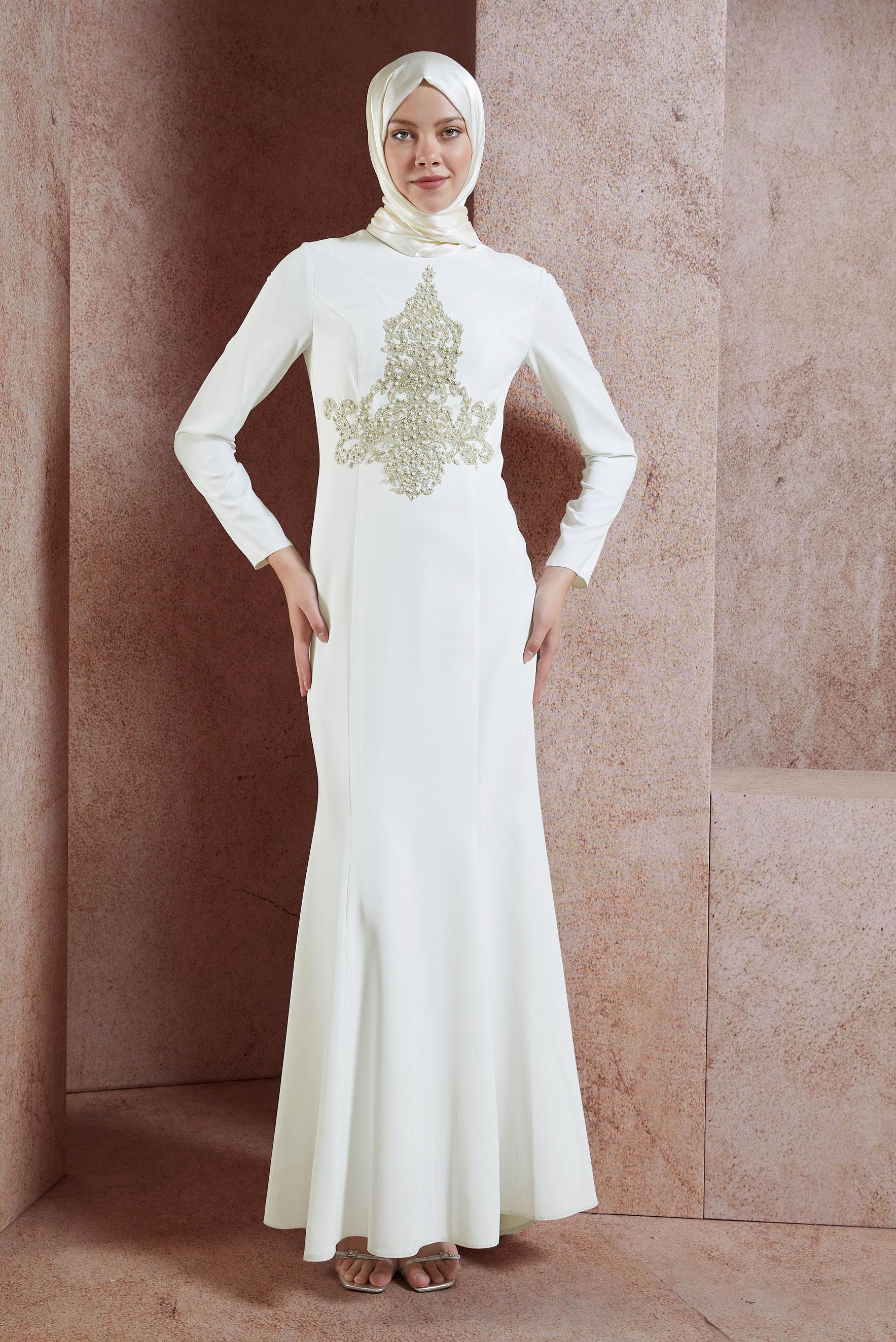 Tesettür giyim BEYAZ TAŞ İŞLEMELİ ABİYE ELBİSE 5484