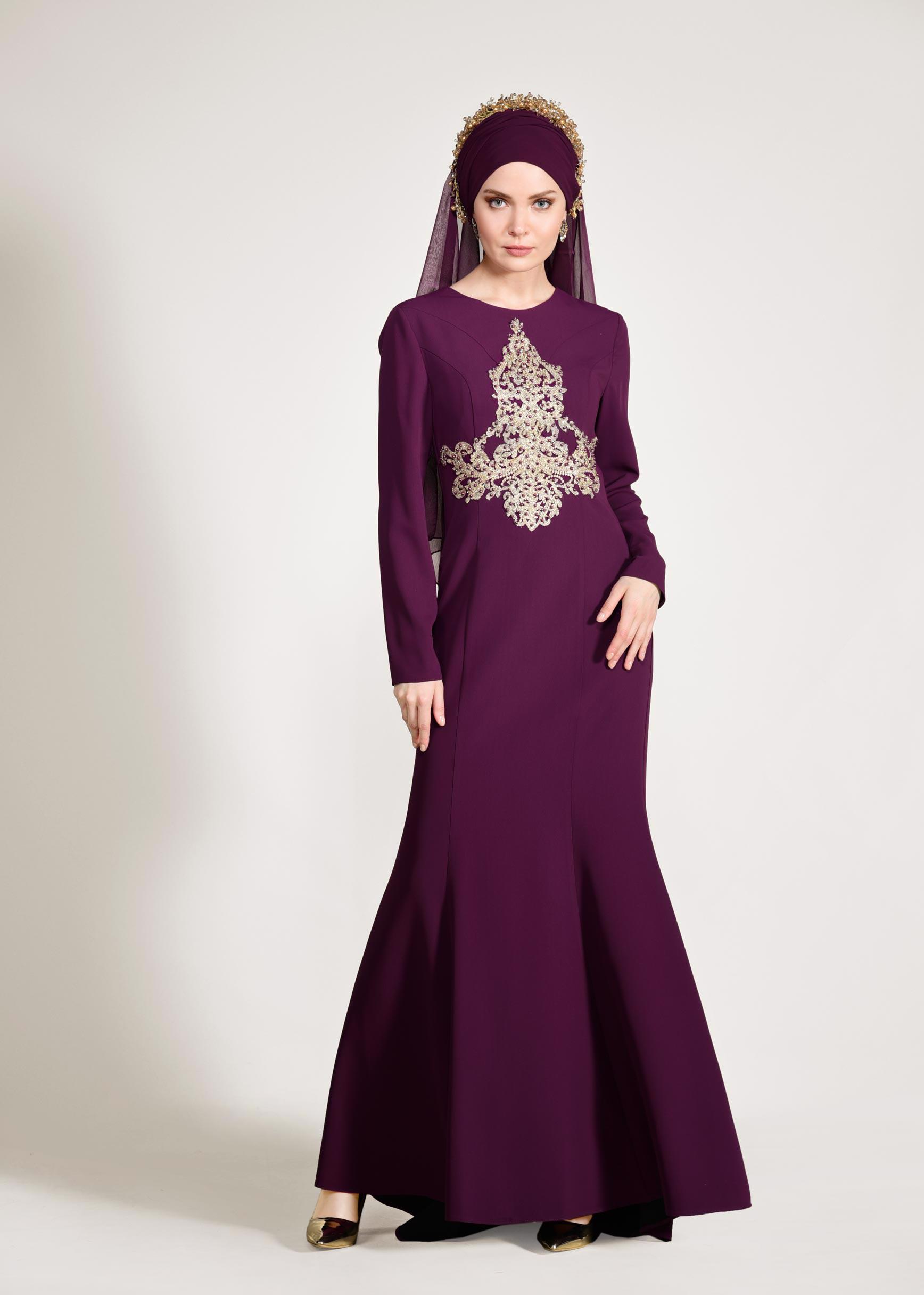 Tesettür giyim MOR TAŞ İŞLEMELİ ABİYE ELBİSE 5484