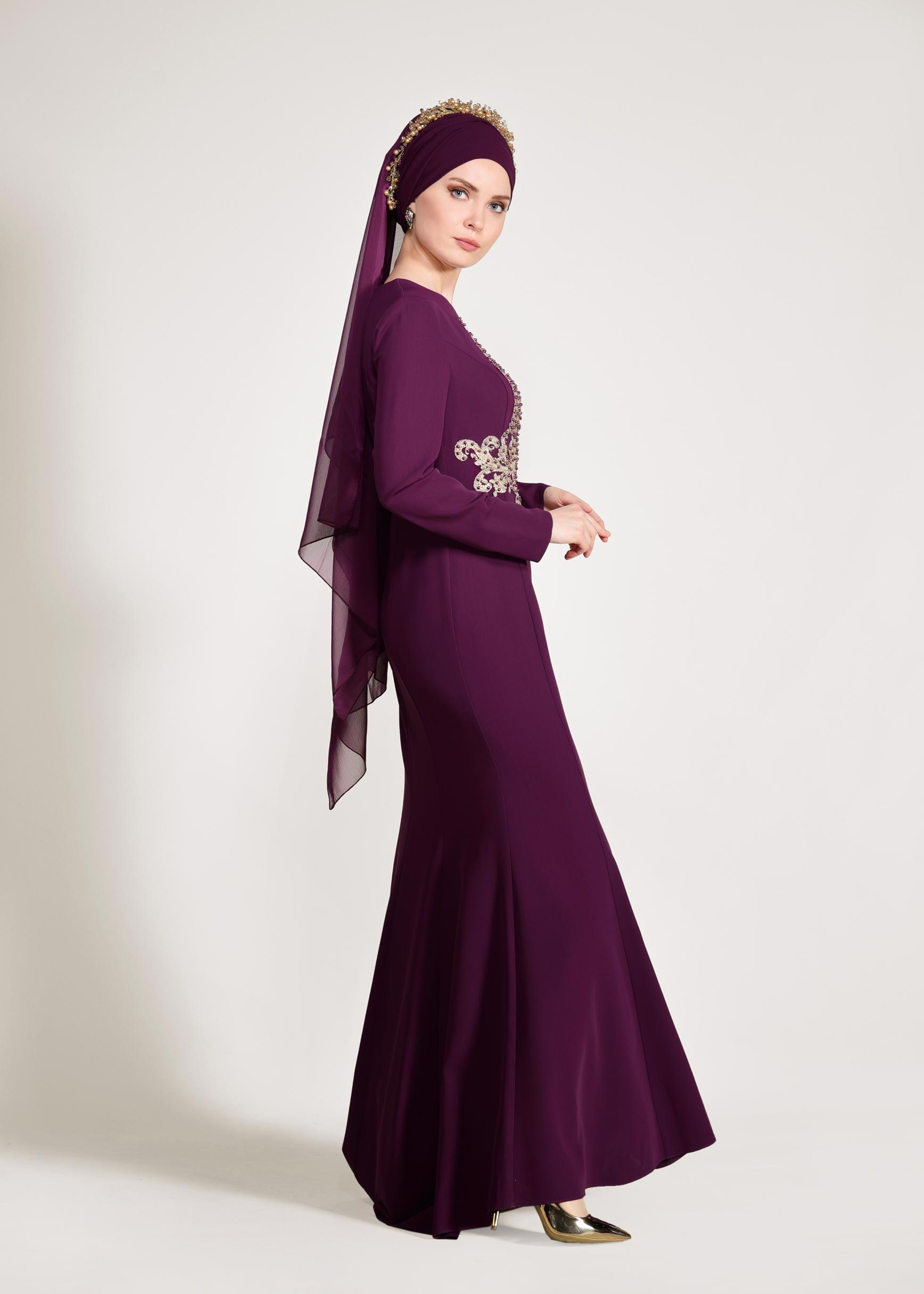 Tesettür giyim MOR TAŞ İŞLEMELİ ABİYE ELBİSE 5484