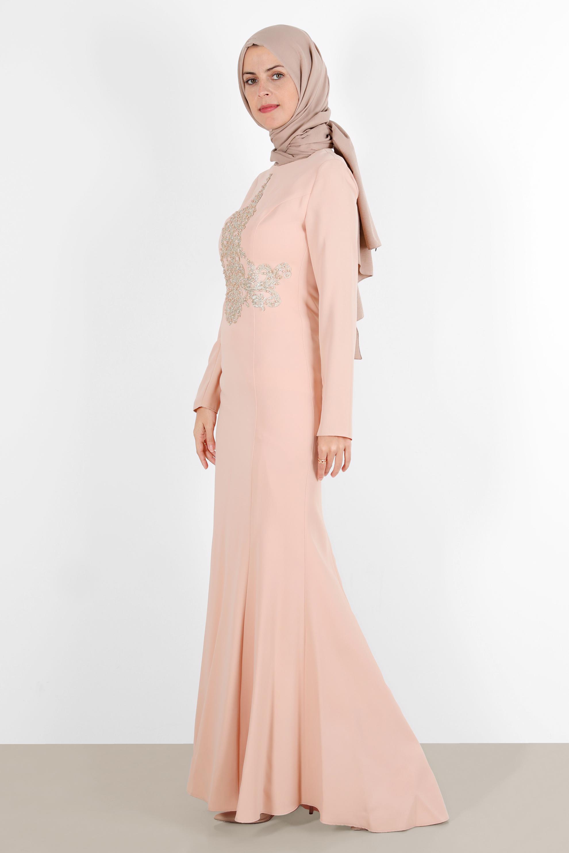 Tesettür giyim PUDRA TAŞ İŞLEMELİ ABİYE ELBİSE 5484