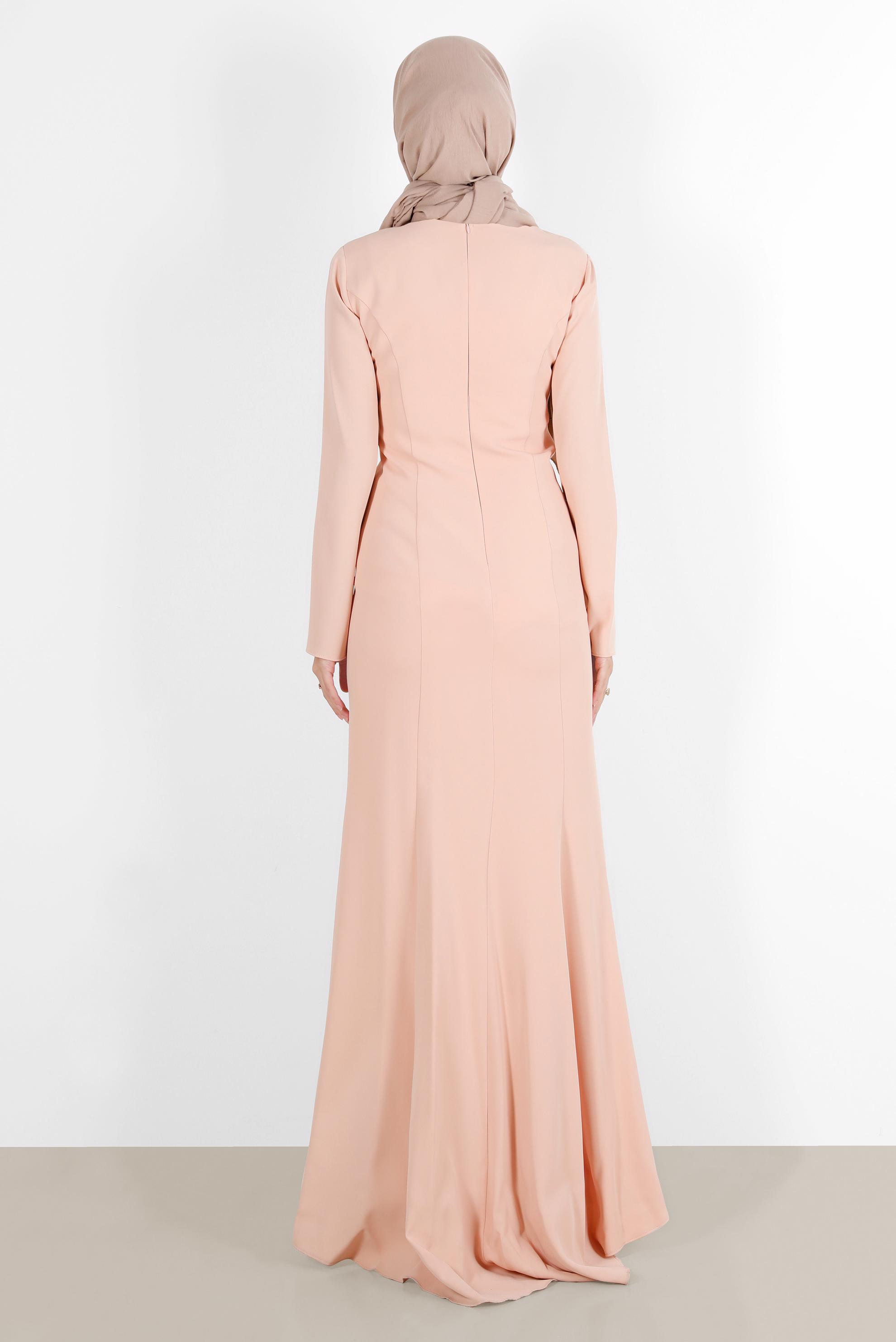 Tesettür giyim PUDRA TAŞ İŞLEMELİ ABİYE ELBİSE 5484