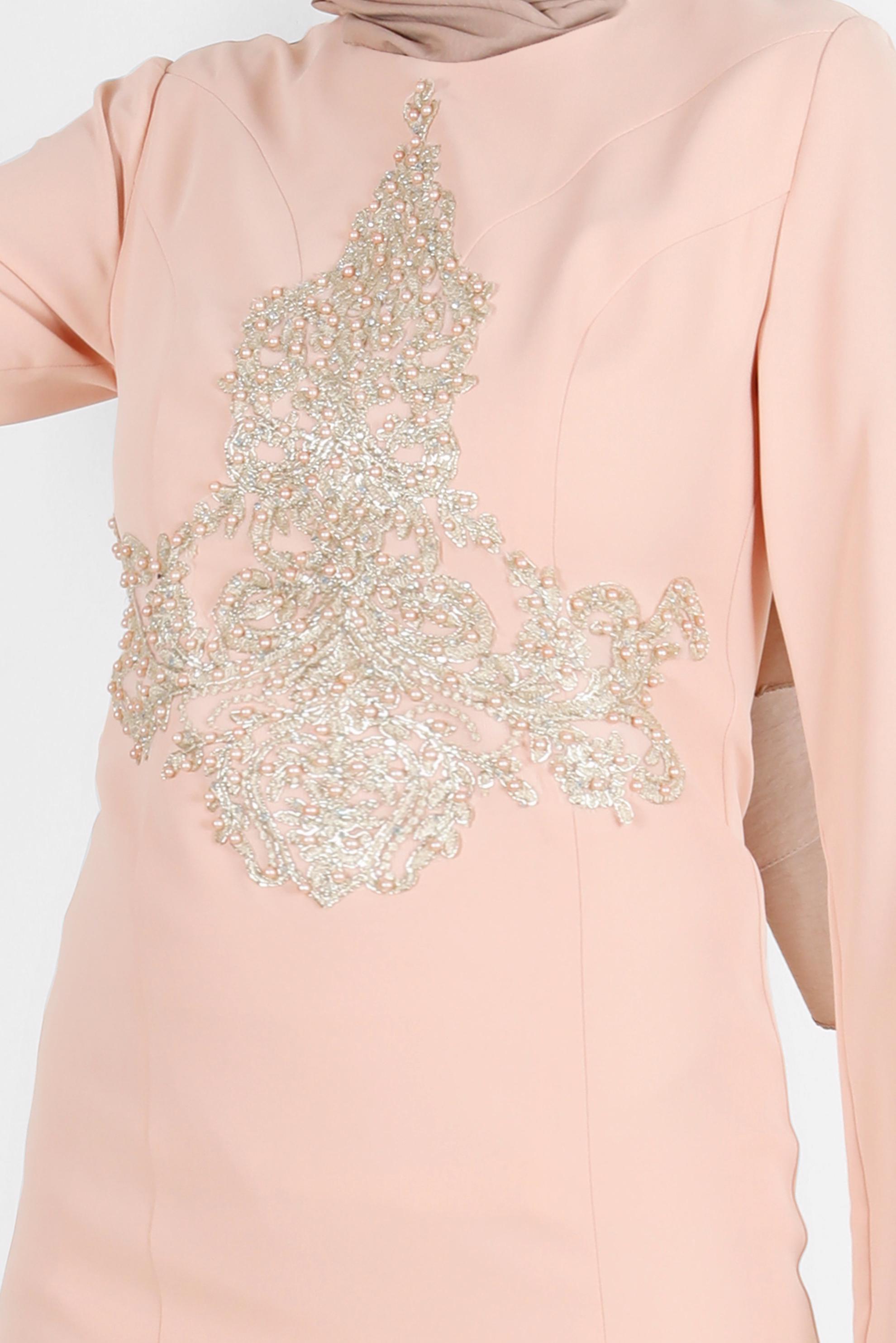 Tesettür giyim PUDRA TAŞ İŞLEMELİ ABİYE ELBİSE 5484