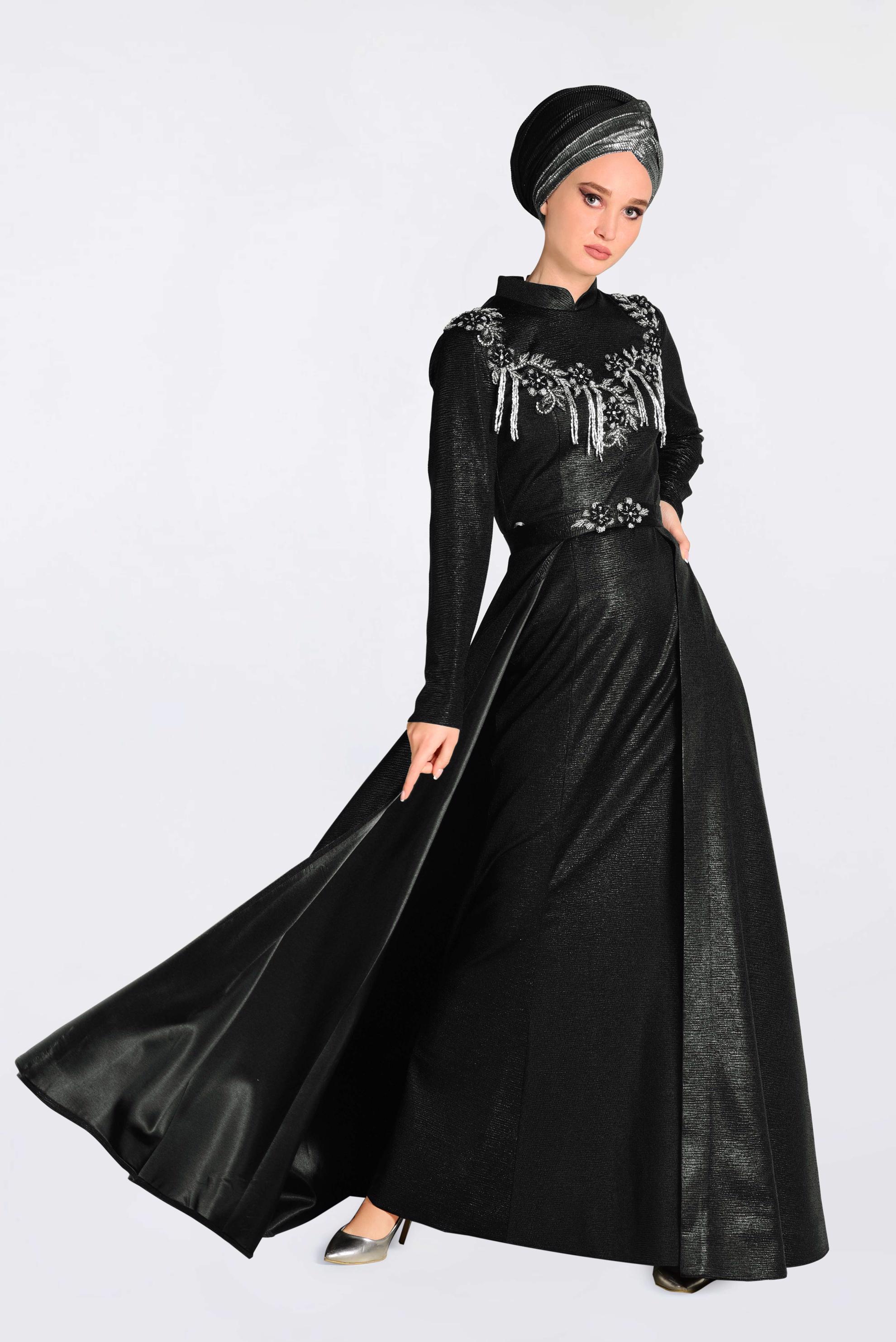 Tesettür giyim SİYAH HAKİM YAKA ABİYE İŞLEMELİ İKİLİ ELBİSE 5487