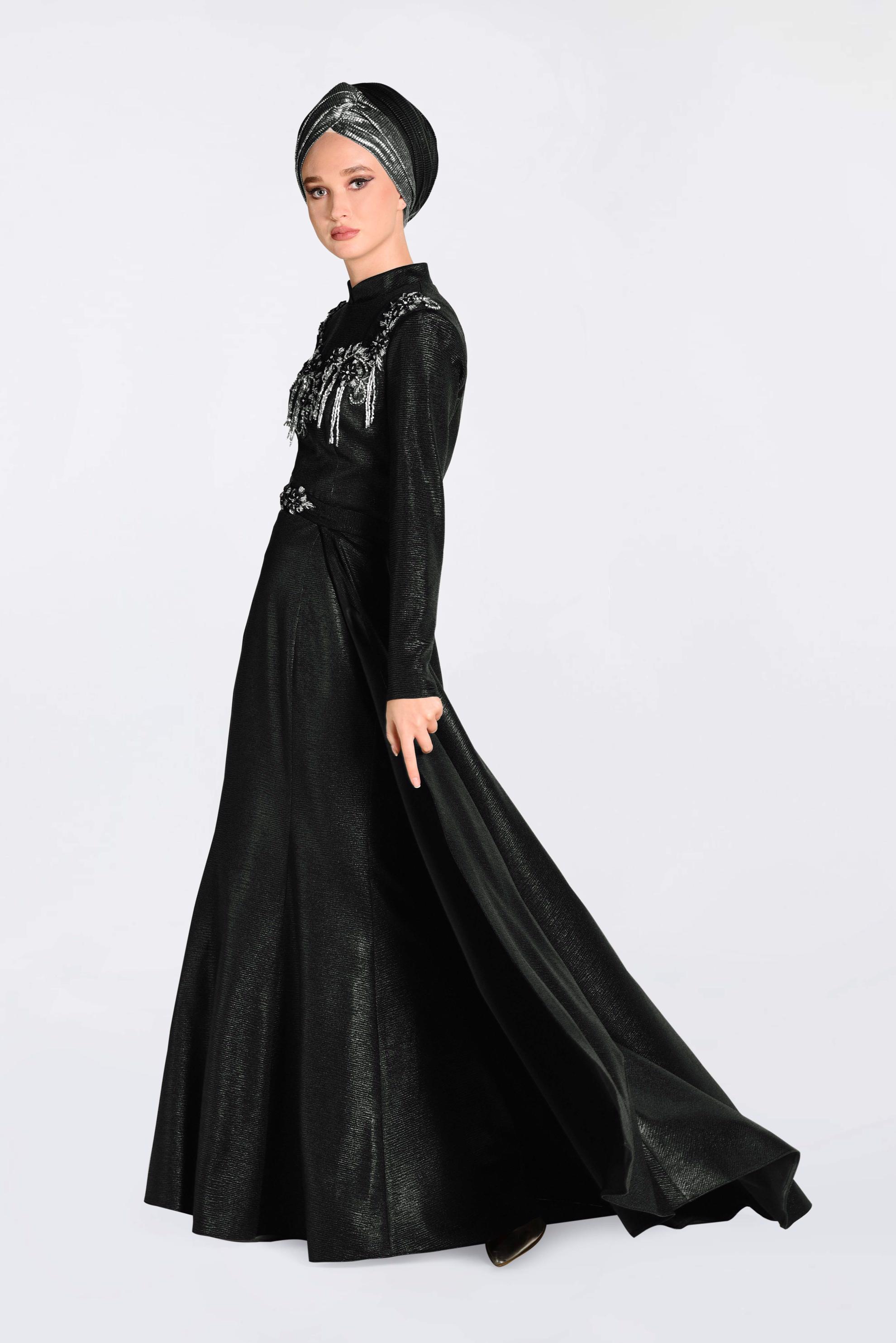 Tesettür giyim SİYAH HAKİM YAKA ABİYE İŞLEMELİ İKİLİ ELBİSE 5487