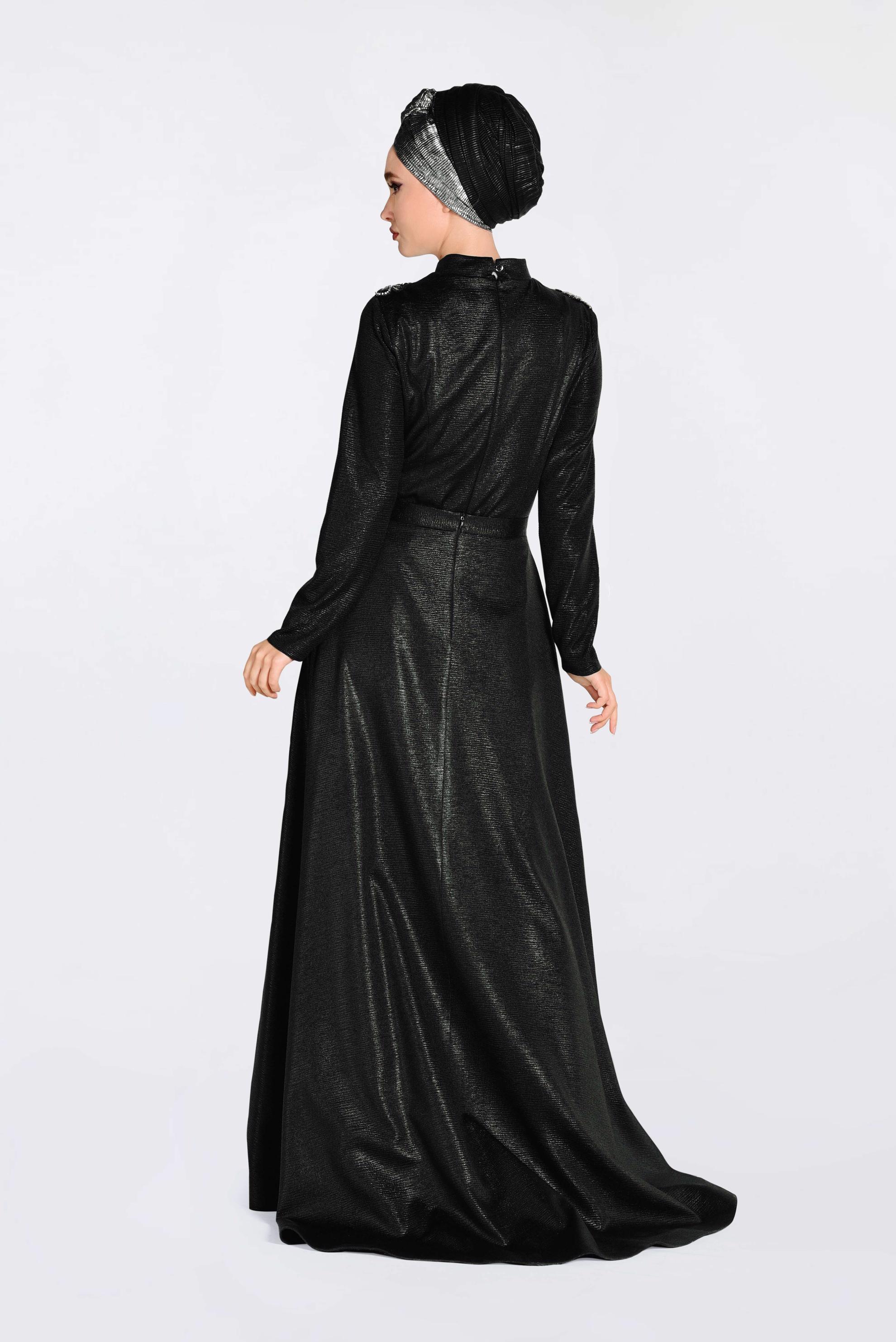 Tesettür giyim SİYAH HAKİM YAKA ABİYE İŞLEMELİ İKİLİ ELBİSE 5487