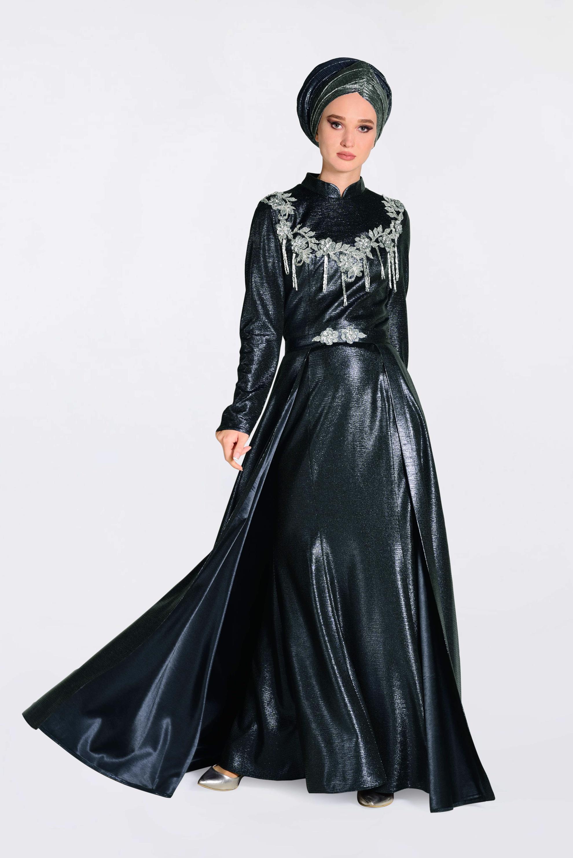 Tesettür giyim LACİVERT HAKİM YAKA ABİYE İŞLEMELİ İKİLİ ELBİSE 5487