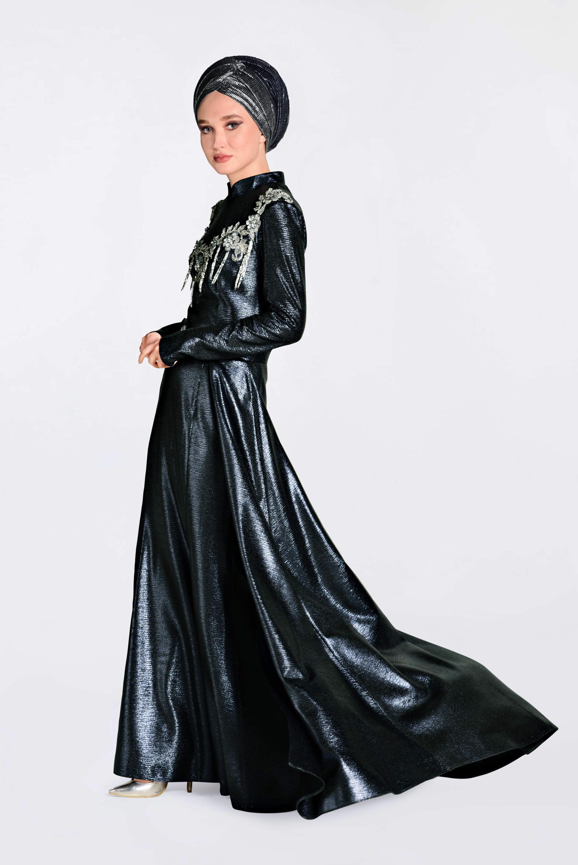 Tesettür giyim LACİVERT HAKİM YAKA ABİYE İŞLEMELİ İKİLİ ELBİSE 5487