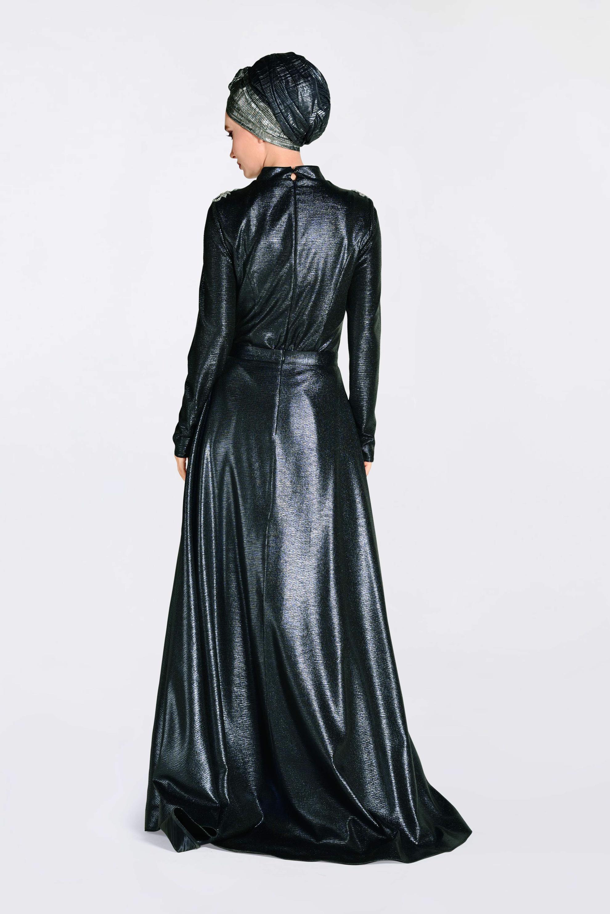 Tesettür giyim LACİVERT HAKİM YAKA ABİYE İŞLEMELİ İKİLİ ELBİSE 5487