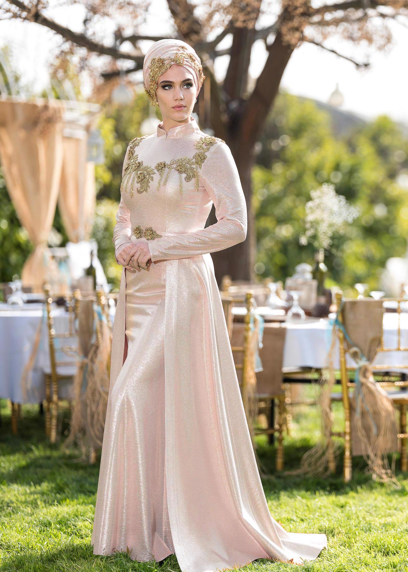 Tesettür giyim PUDRA HAKİM YAKA ABİYE İŞLEMELİ İKİLİ ELBİSE 5487