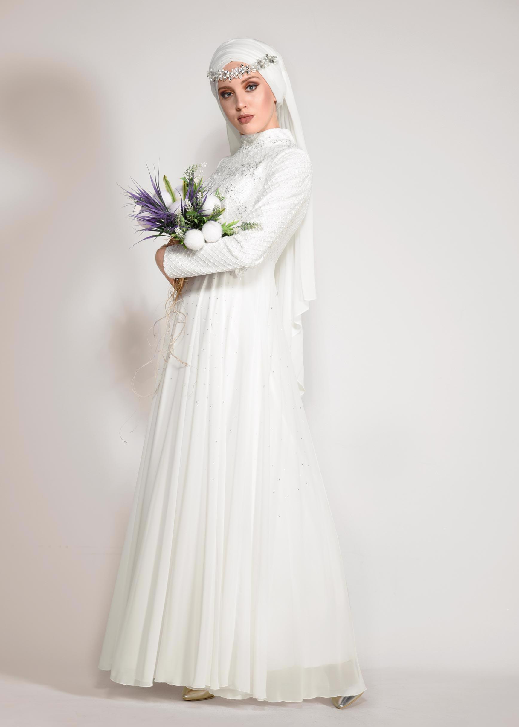 Tesettür giyim BEYAZ FİLE DETAYLI ABİYE ELBİSE 5495